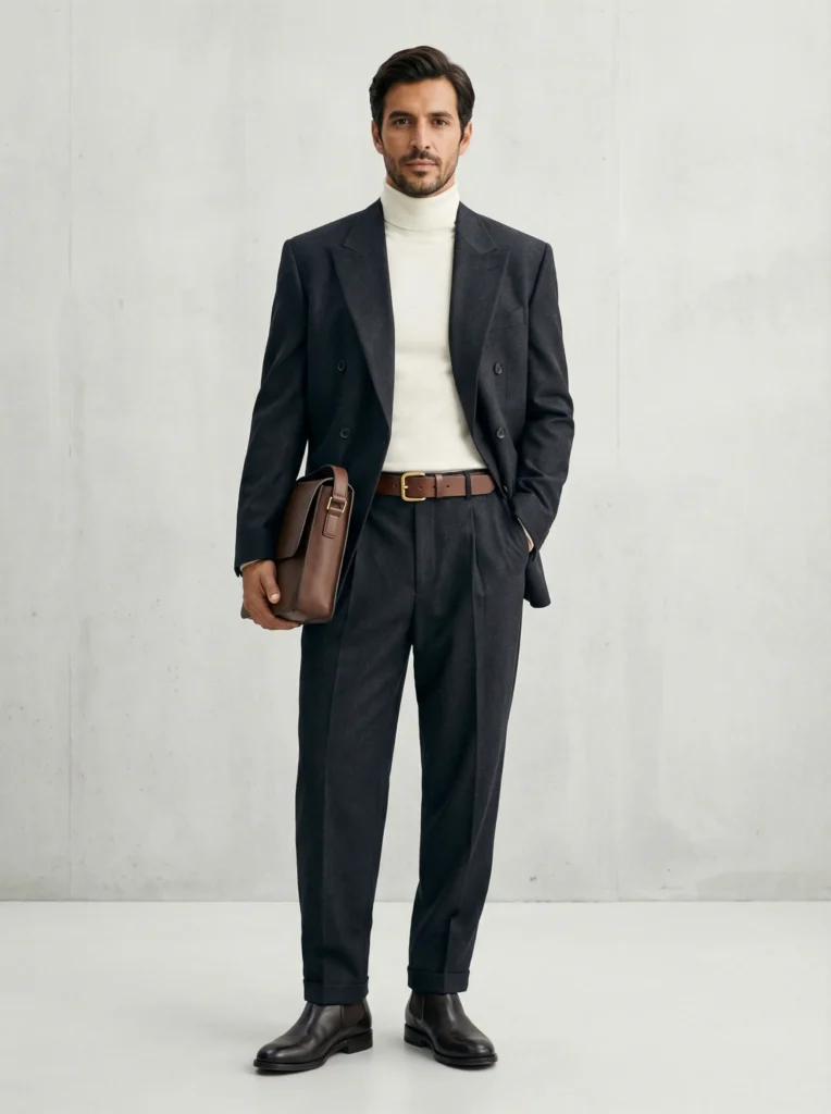 Man in a baggy double-breasted suit with chunky leather belt, rollneck, and Chelsea boots against a clean backdrop.