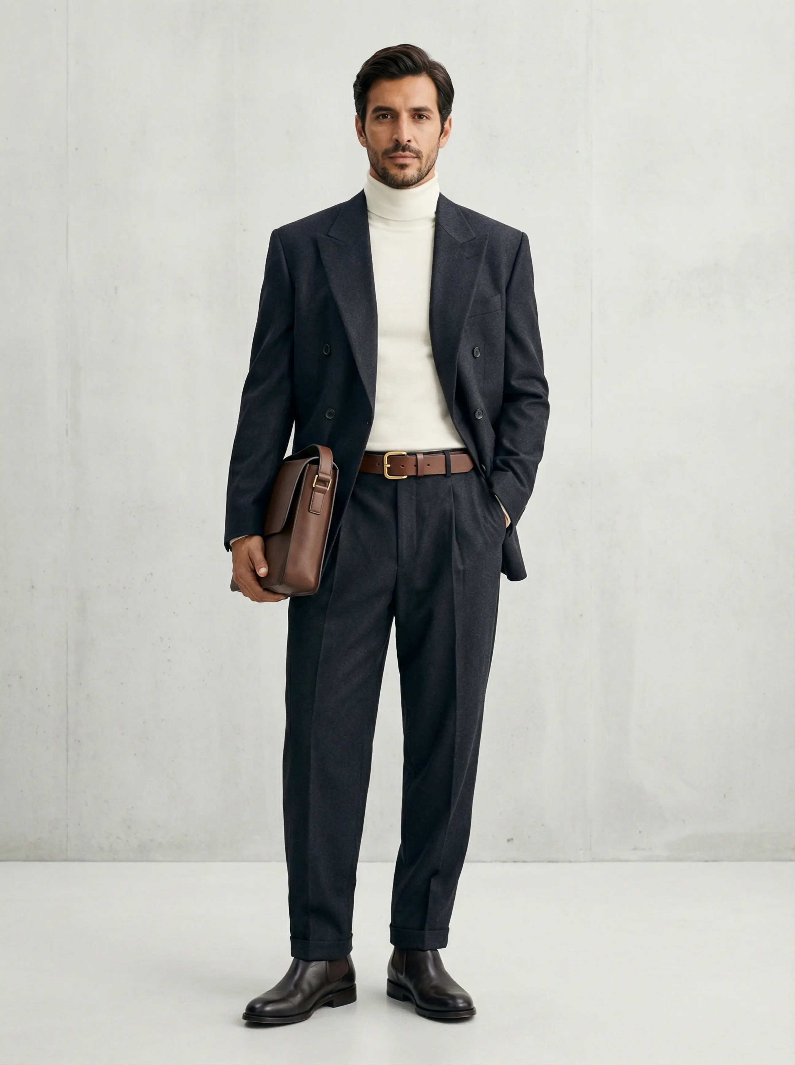 Man in a baggy double-breasted suit with chunky leather belt, rollneck, and Chelsea boots against a clean backdrop.