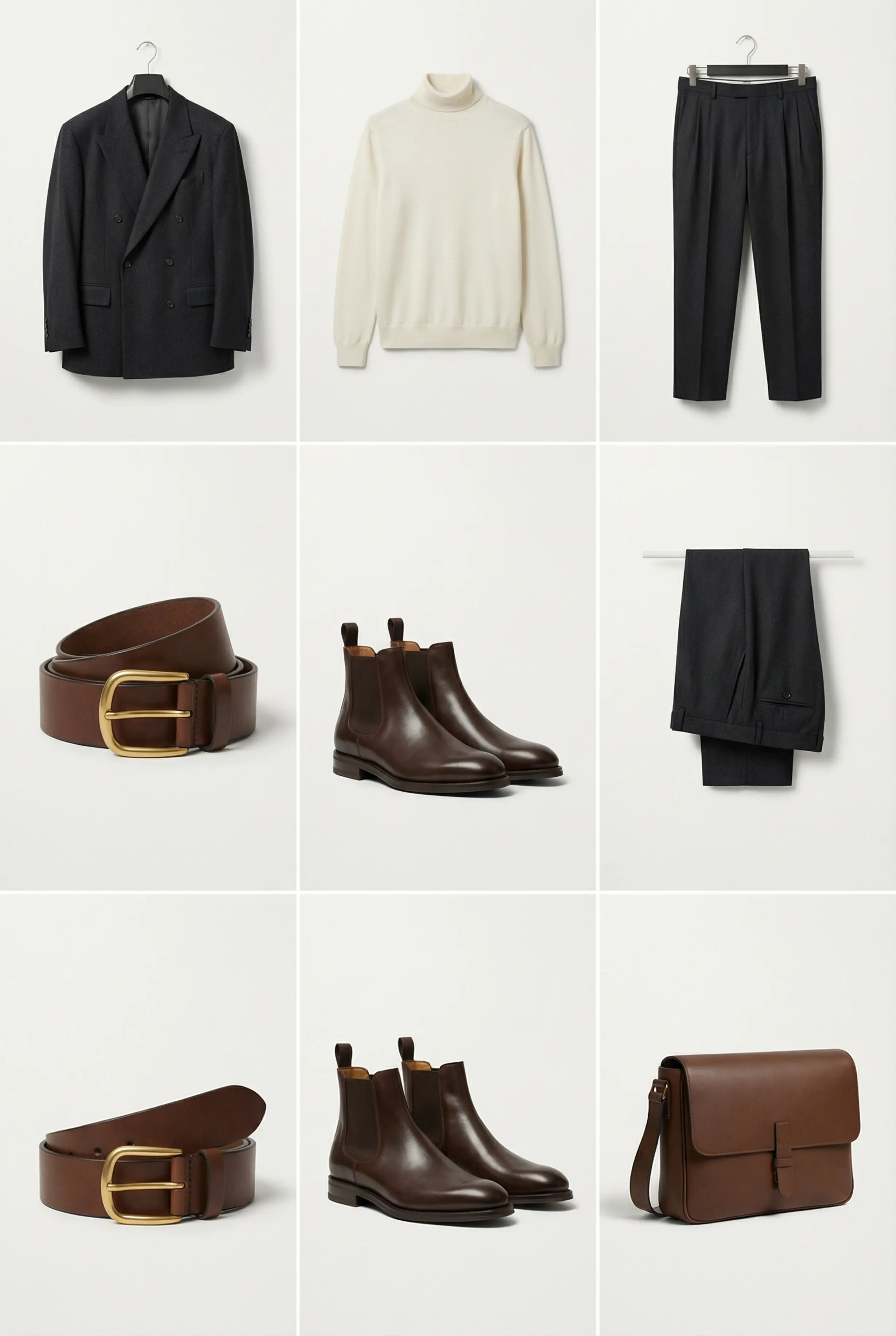 Six-item grid: suit jacket, trousers, rollneck, chunky belt, boots, and structured bag on a clean background.