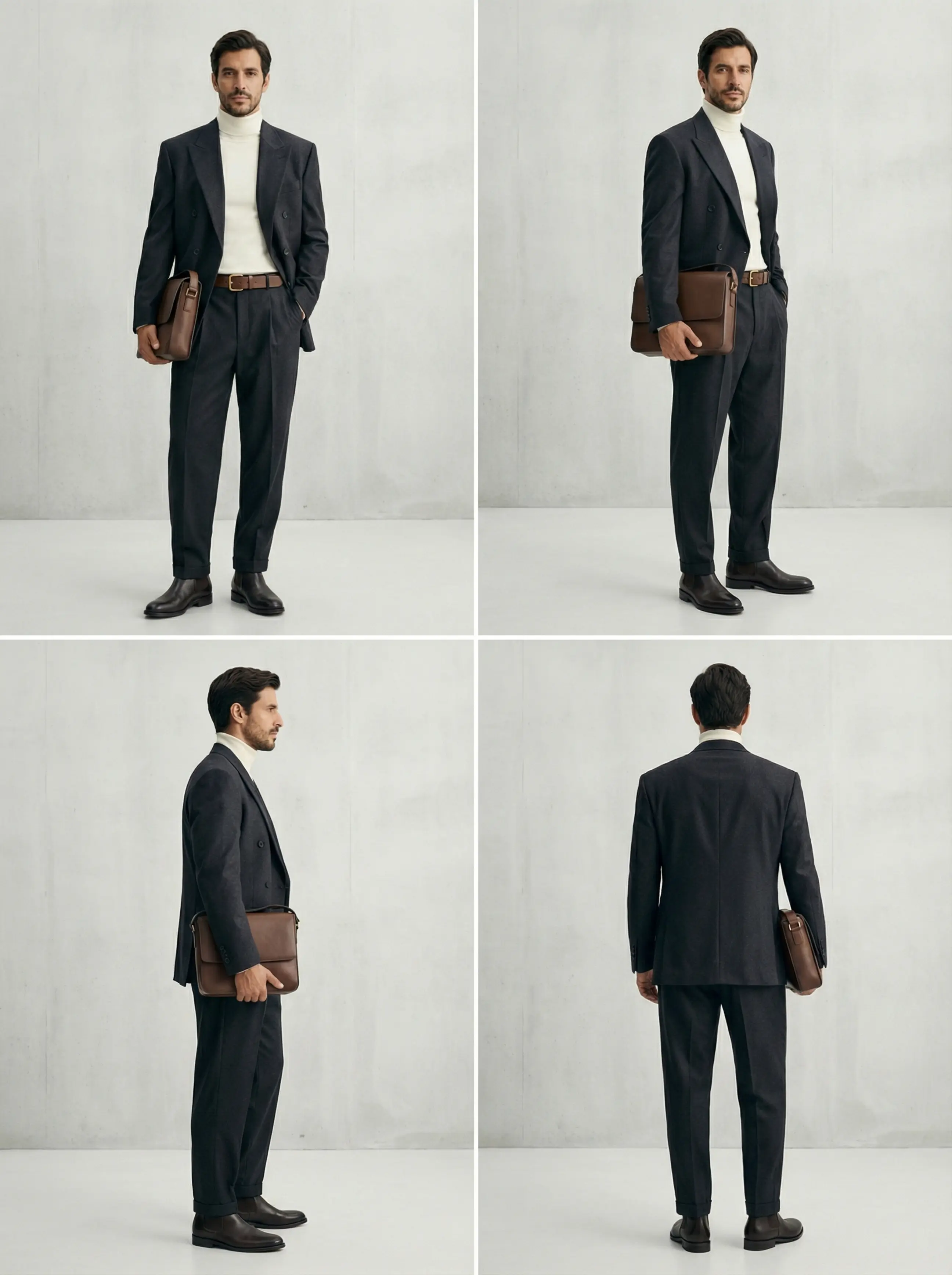 Four-panel contact sheet of the baggy double-breasted suit look: front, three-quarter, side, back.