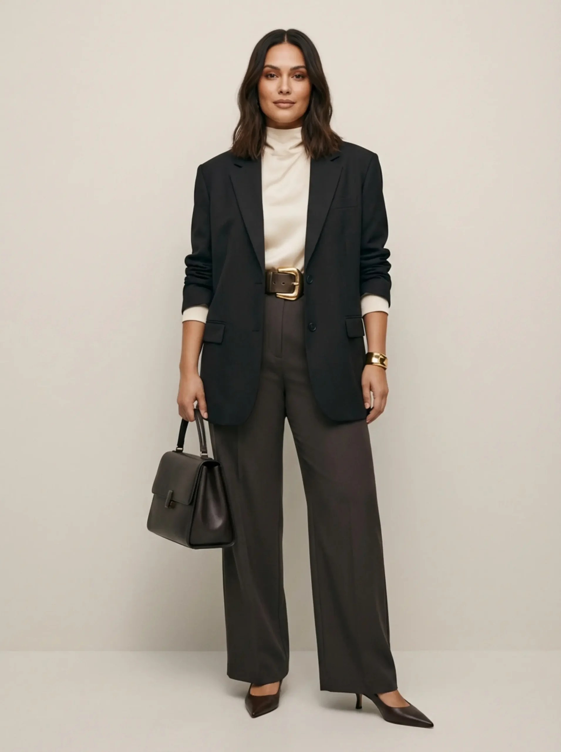 Woman in oversized blazer cinched with chunky belt, wide-leg trousers, gold cuff, structured bag in a minimal studio.