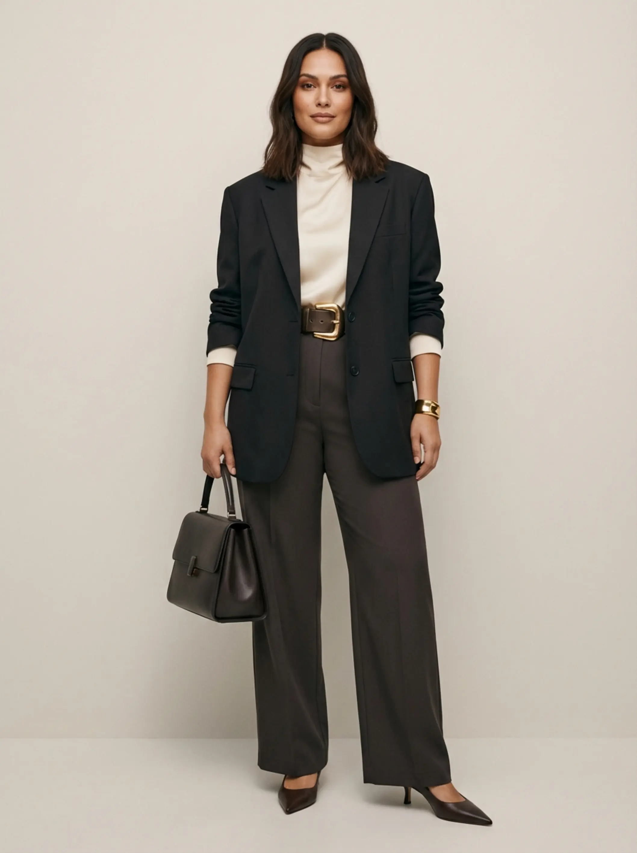 Woman in oversized blazer cinched with chunky belt, wide-leg trousers, gold cuff, structured bag in a minimal studio.