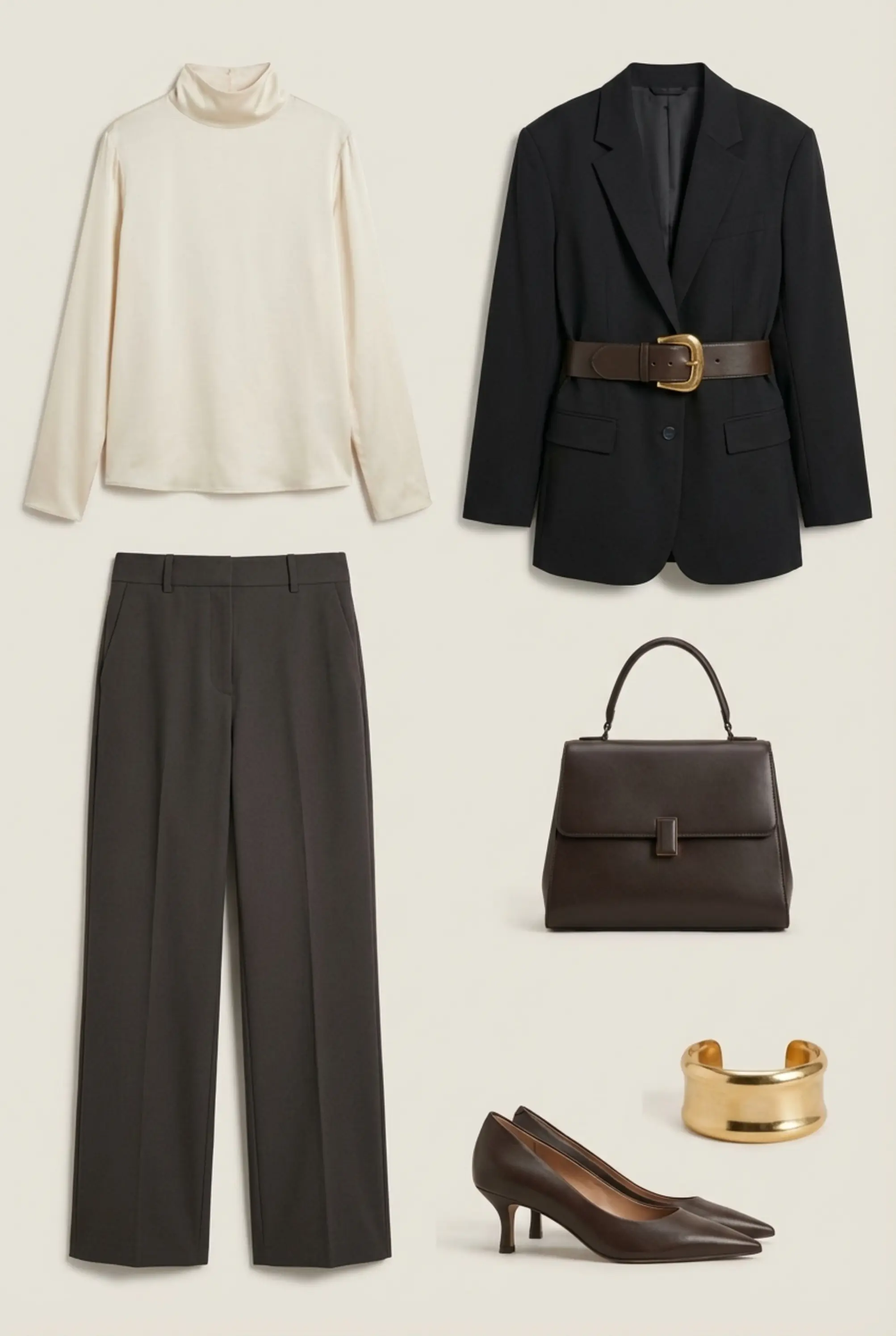 Outfit grid: blouse, oversized blazer with chunky belt, wide-leg trousers, pumps, bag, gold cuff on neutral background.