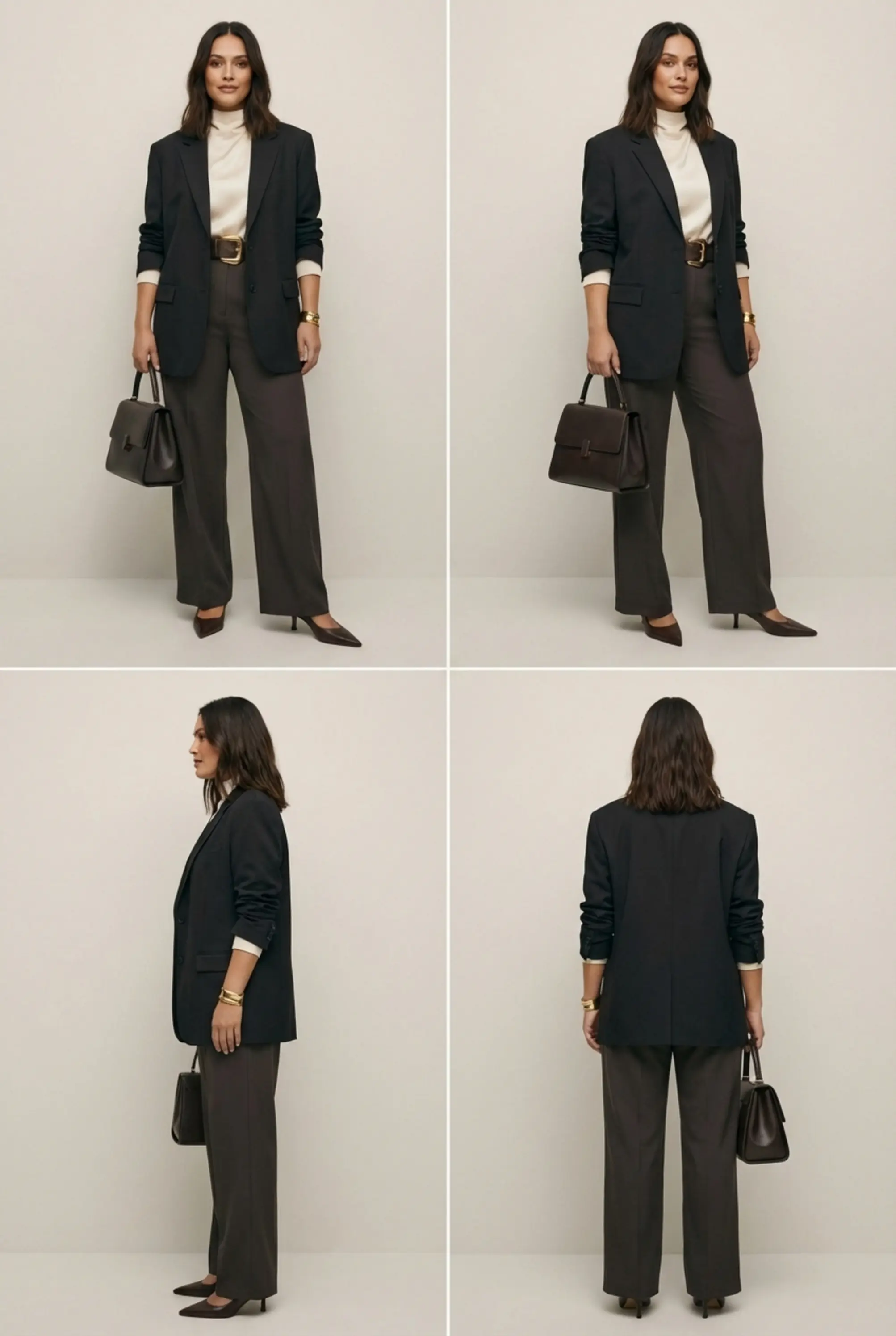 2x2 contact sheet of a woman in an oversized blazer with chunky belt: front, 3/4, side, and back views.