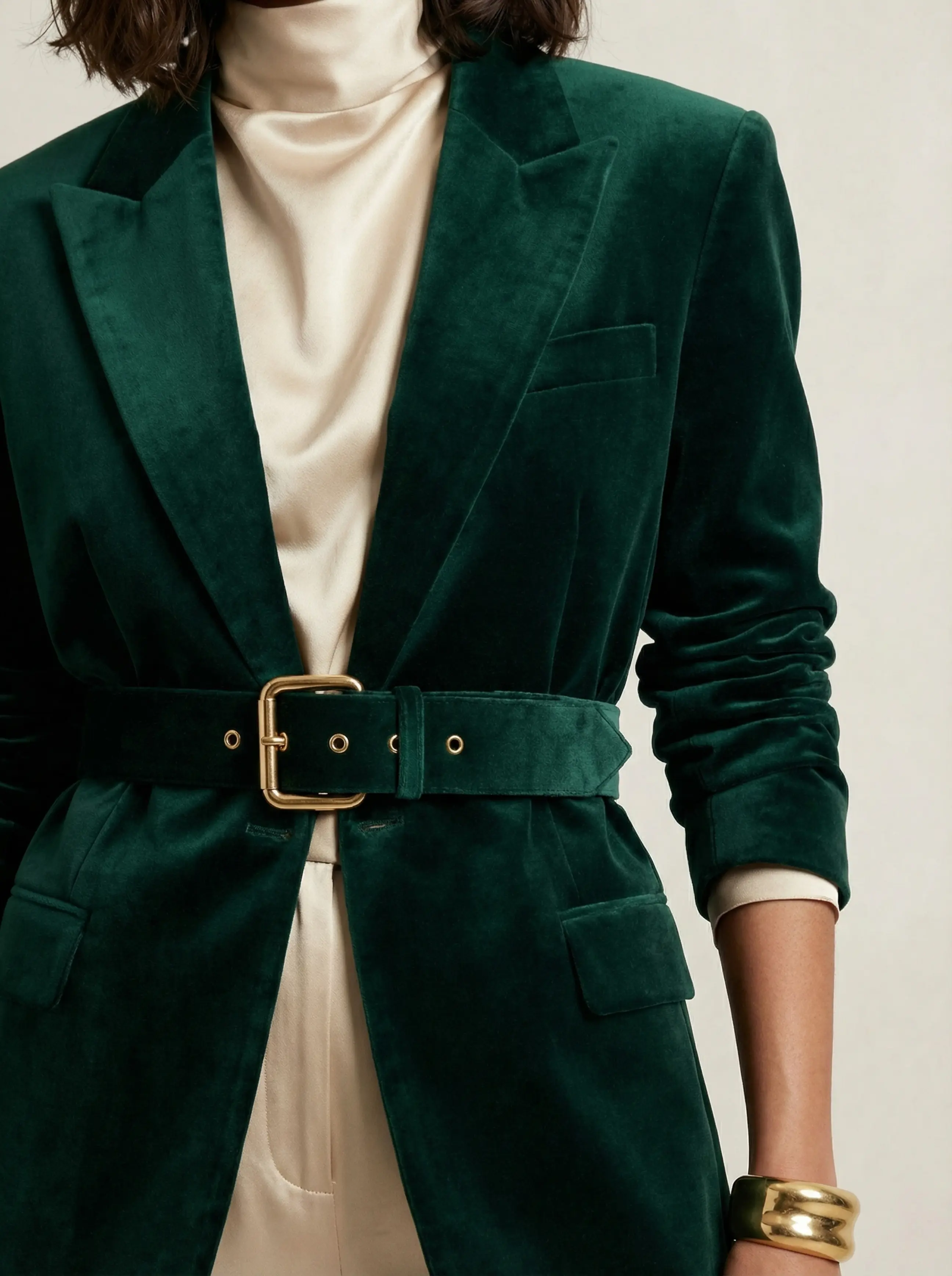 Close-up of velvet texture, chunky gold-buckled belt and wide gold cuff with satin high-neck.