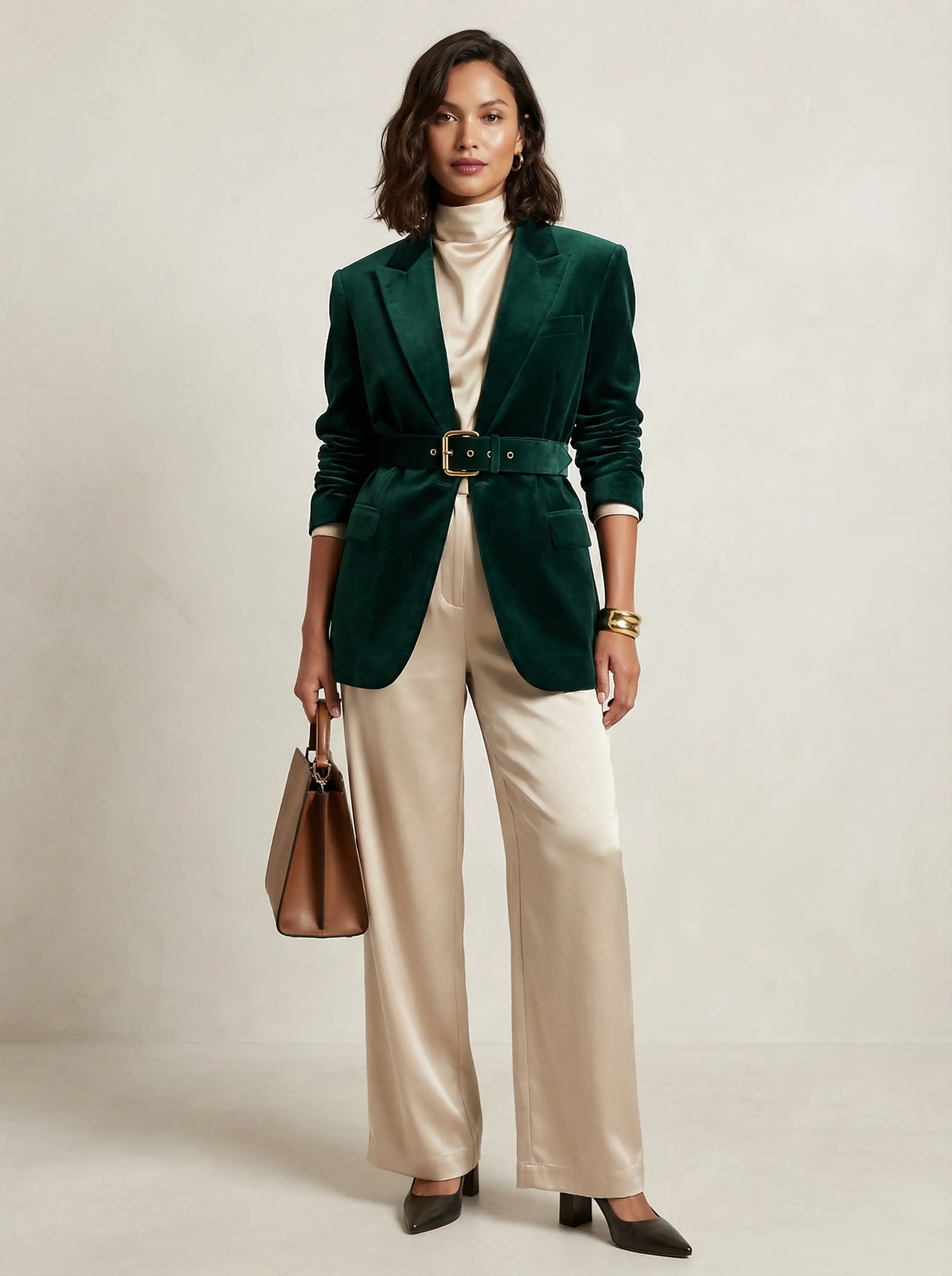 Woman wearing a cinched emerald velvet blazer over a high-neck satin top and wide-leg trousers, gold cuff and structured bag.