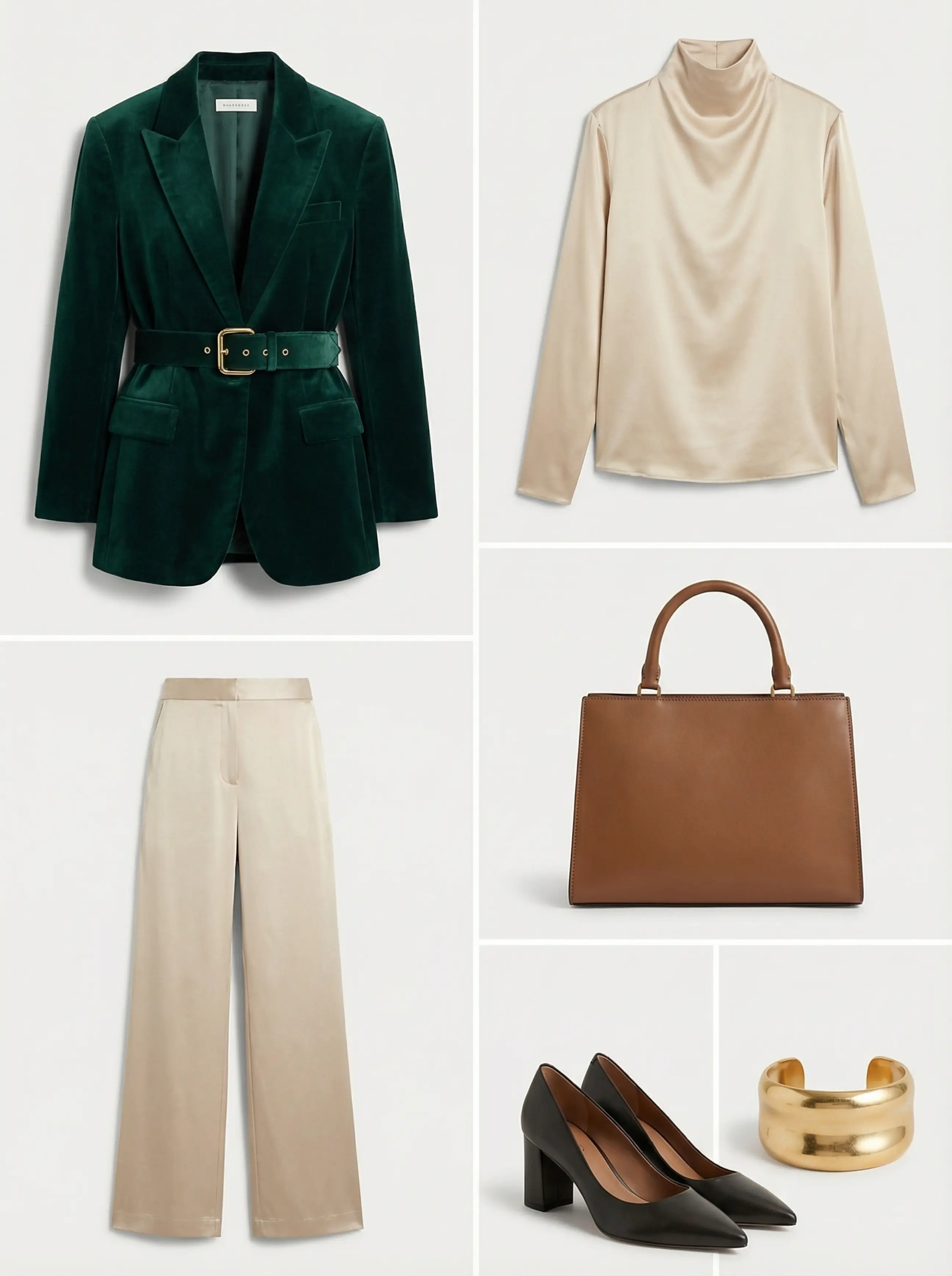Outfit grid: velvet blazer, satin blouse, wide-leg trousers, heels, bag and gold accessories laid out on a neutral background.