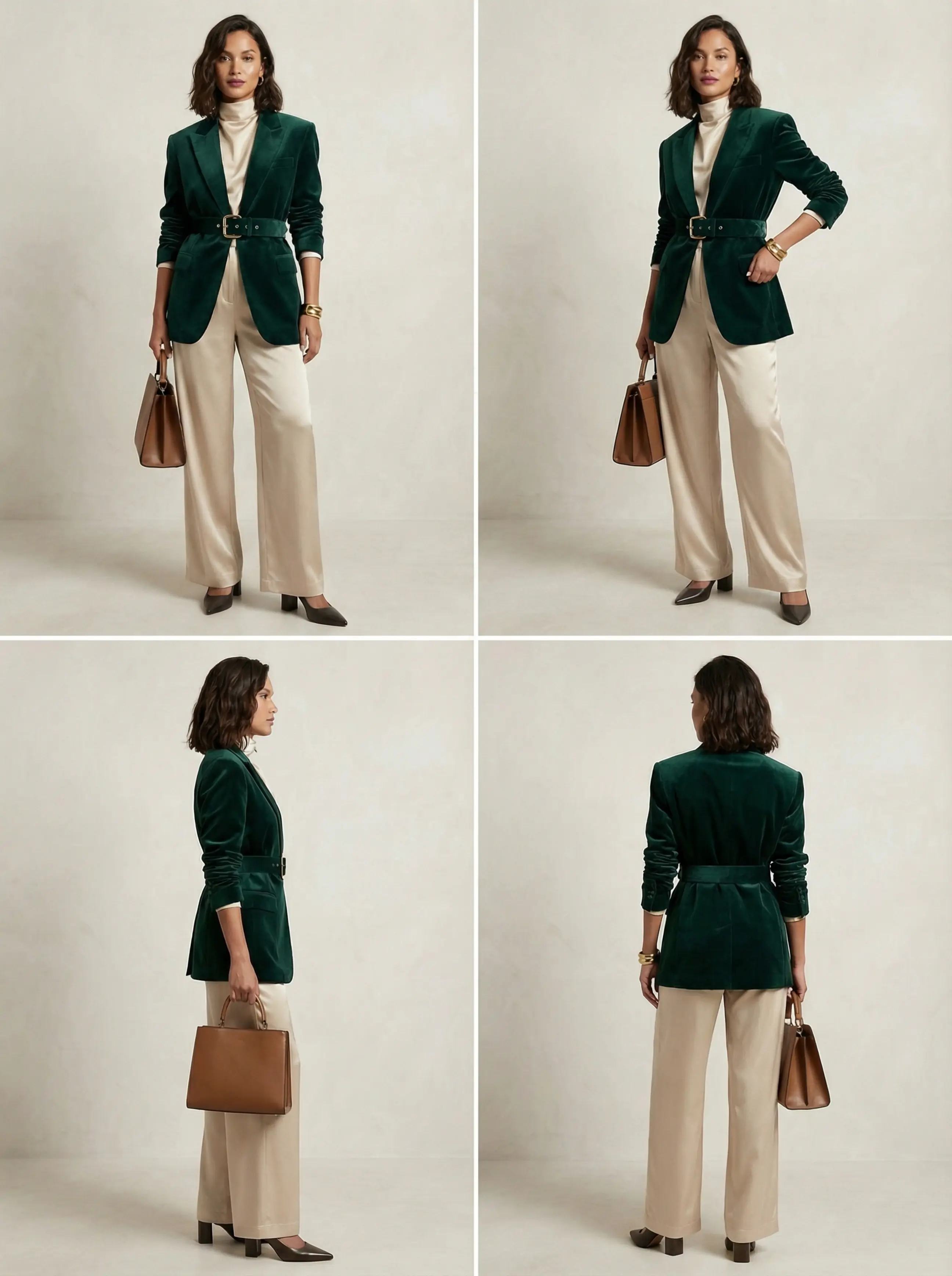 Contact-sheet with front, 3/4, side and back full-body shots of the cinched velvet blazer outfit.