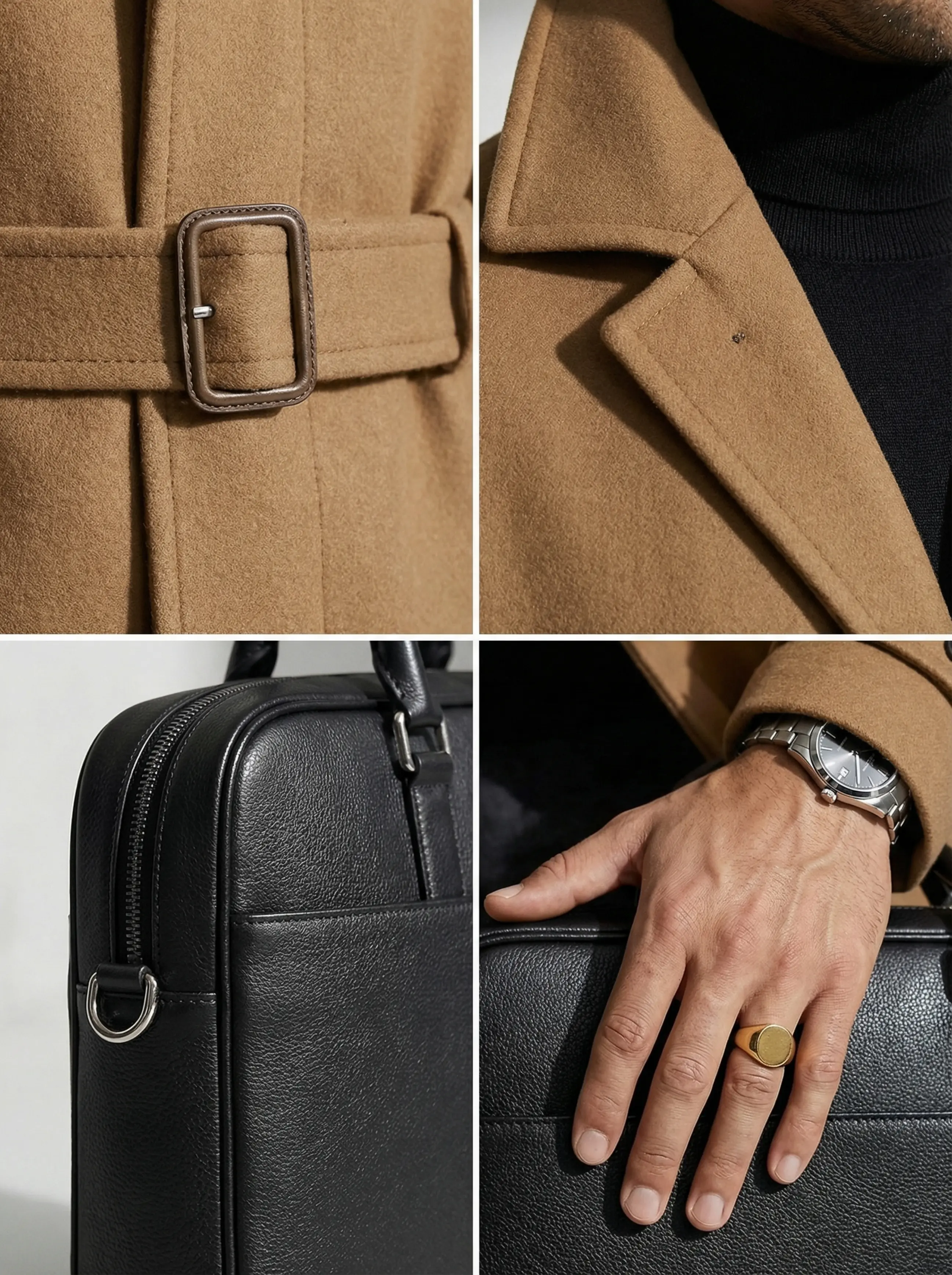 Close-up of trench buckle, wool texture, leather brief grain and gold signet ring