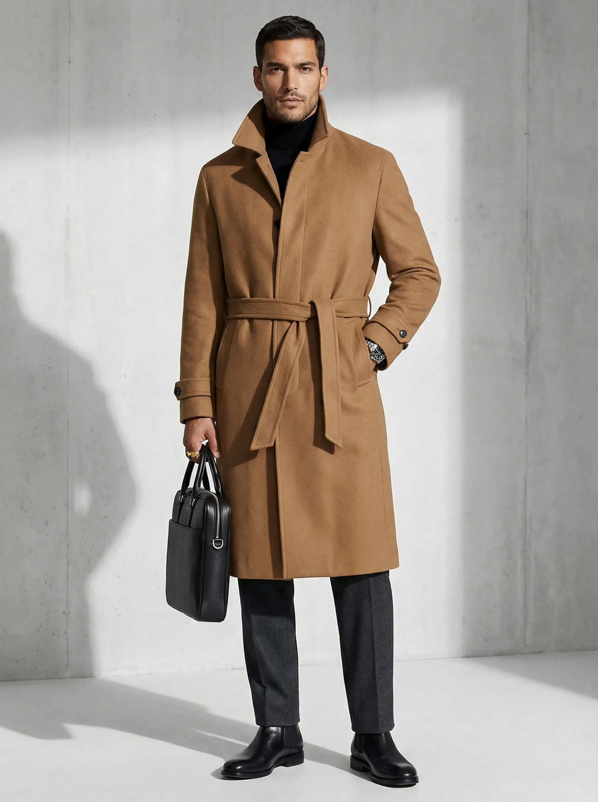 Man wearing a high-collar belted wool trench, black roll-neck, charcoal trousers, Chelsea boots, studio backdrop