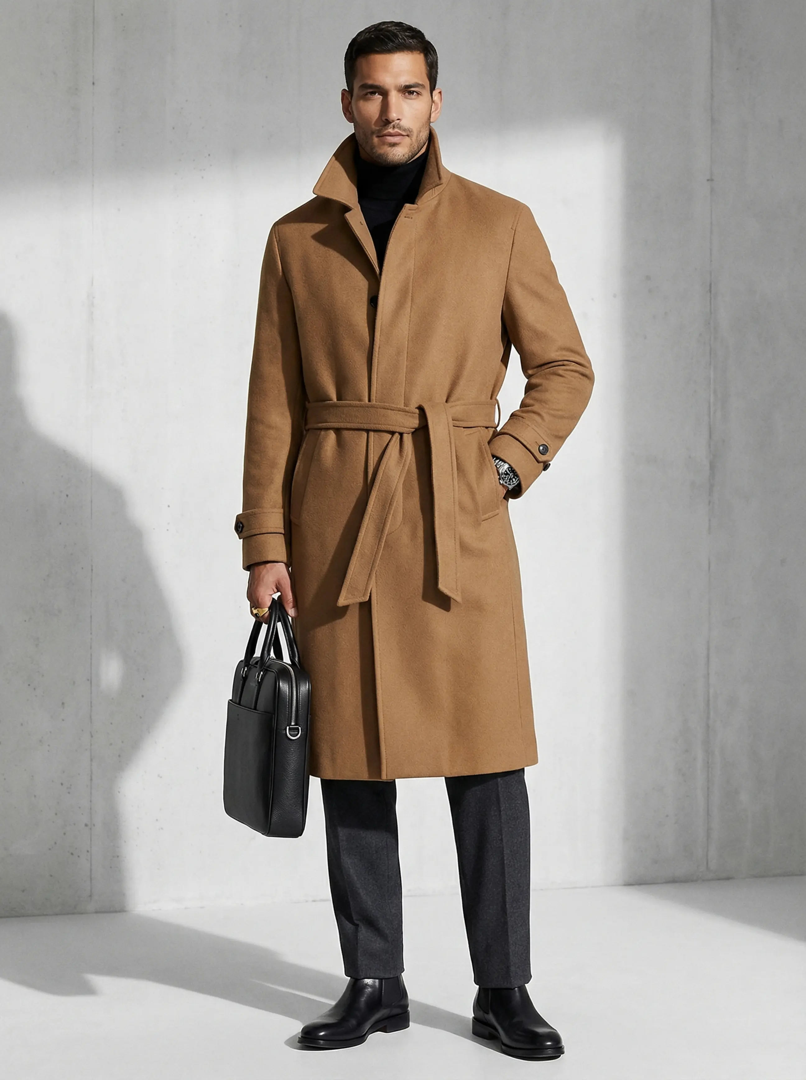 Man wearing a high-collar belted wool trench, black roll-neck, charcoal trousers, Chelsea boots, studio backdrop
