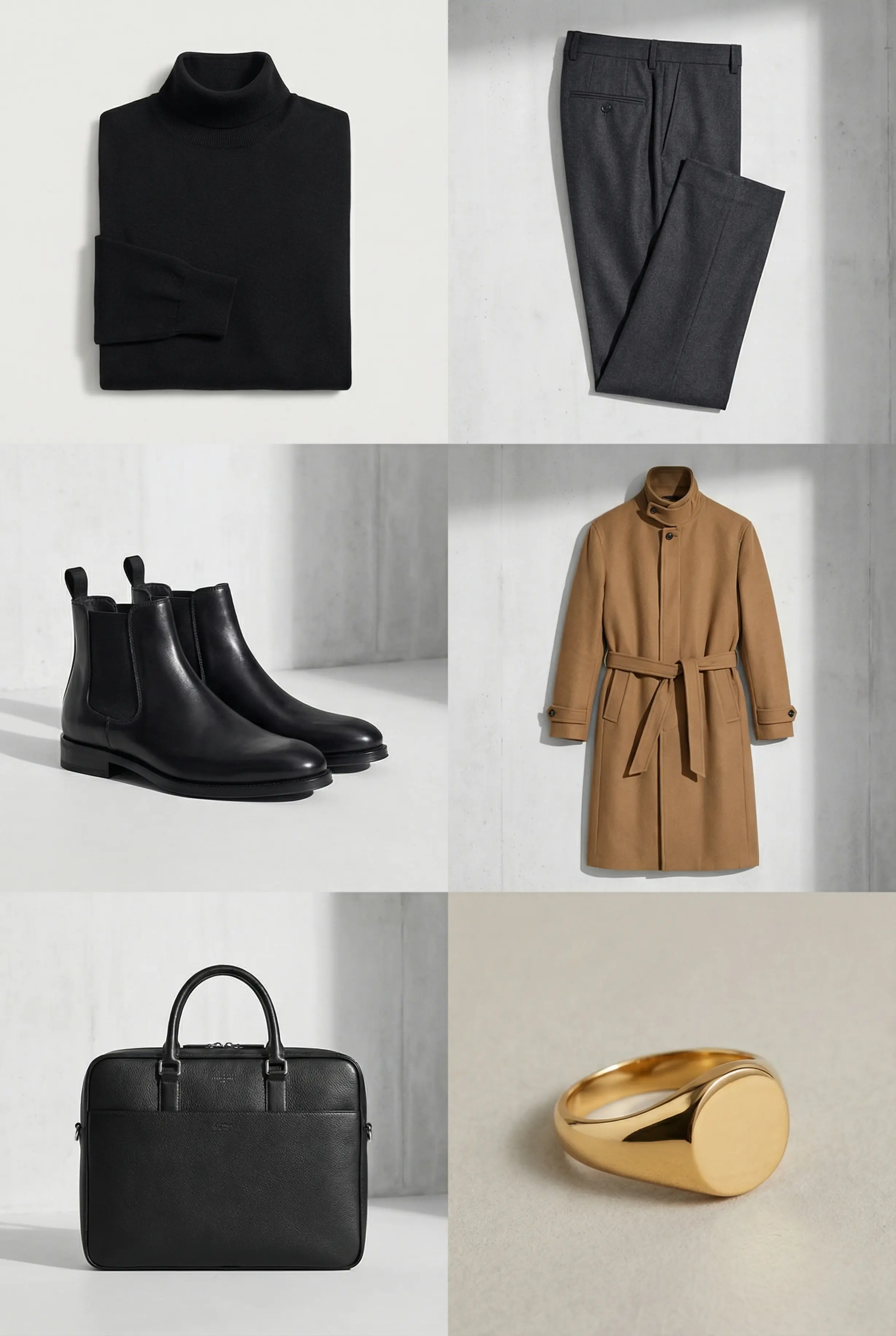 Six-item grid: roll-neck, trousers, Chelsea boots, belted trench, leather brief, gold signet