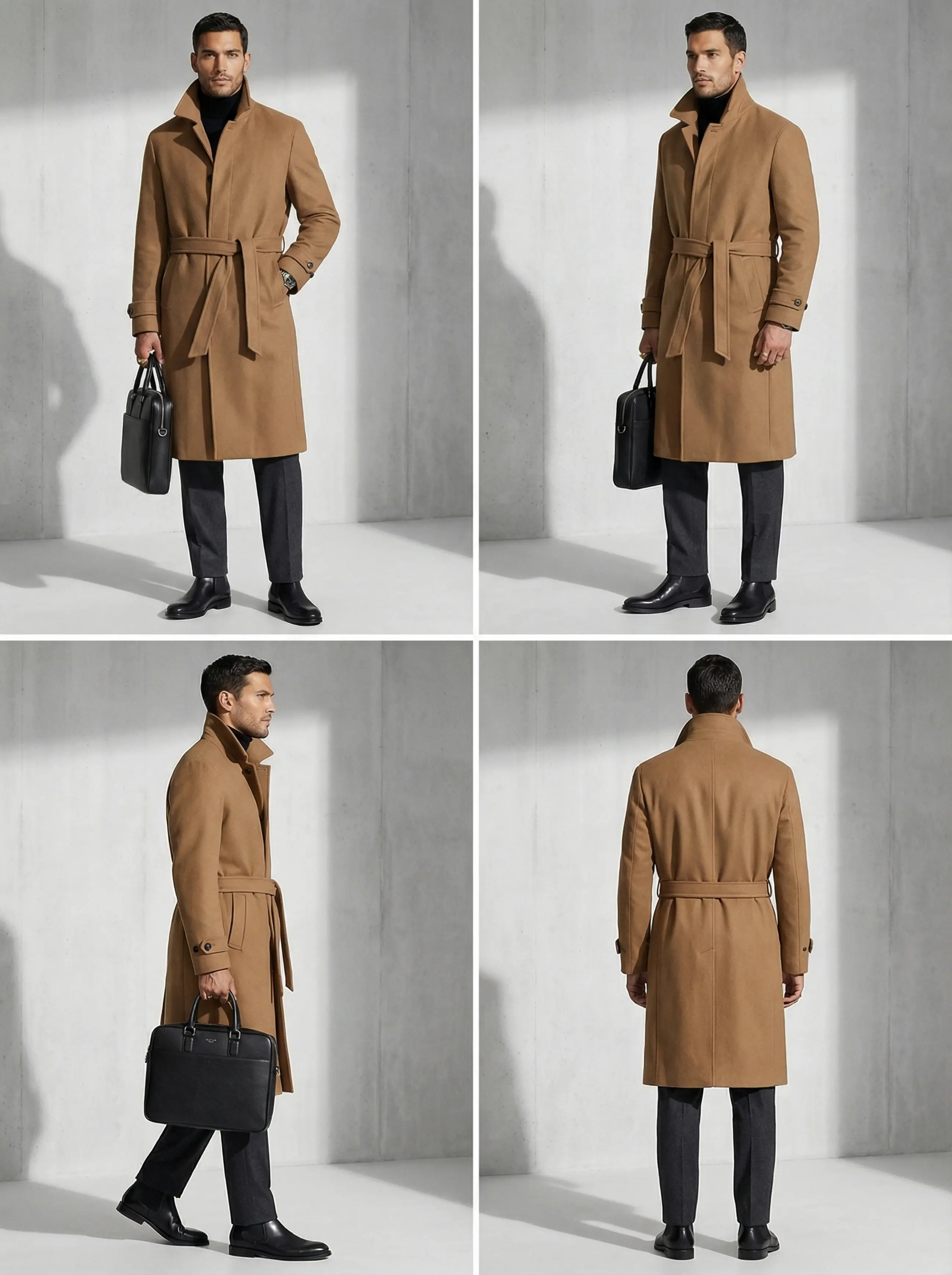 Four-panel contact sheet showing front, three-quarter, side, and back views of the belted trench outfit