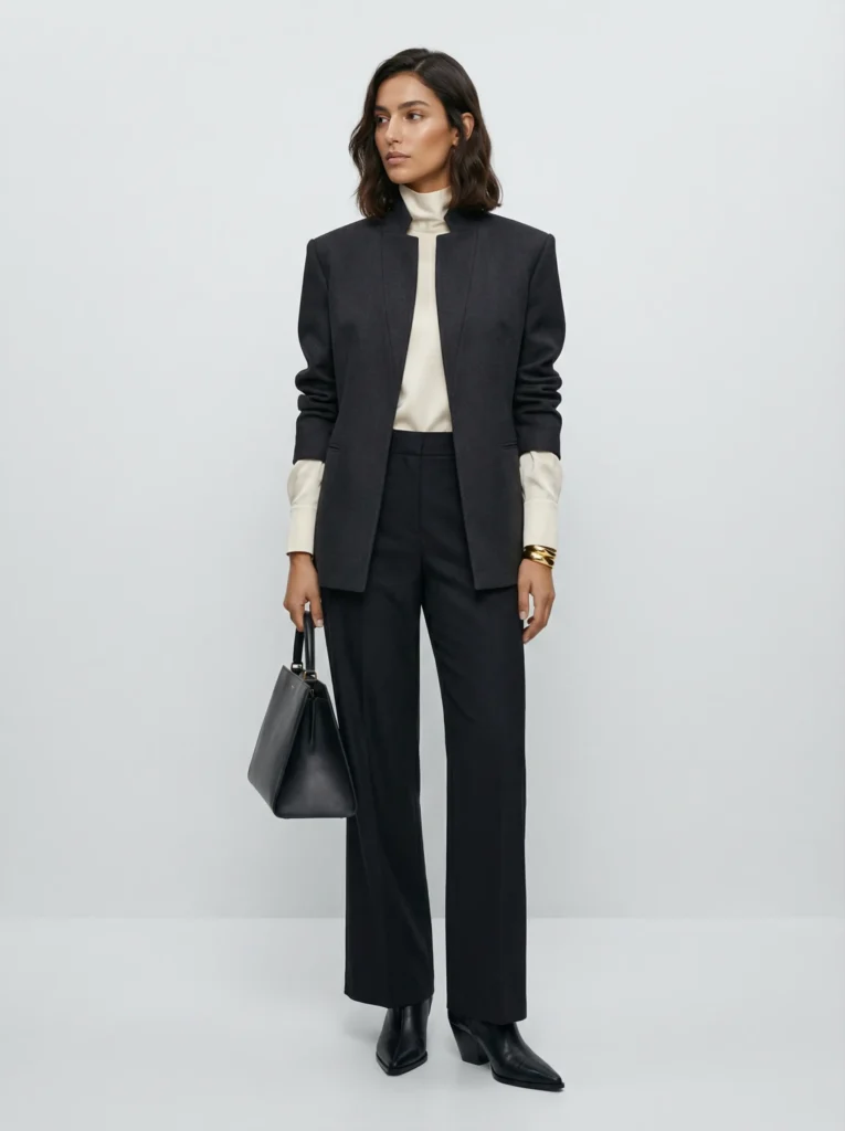 Full-body image of a woman in a high-collar sculpted jacket, wide-leg trousers and gold cuff on a neutral background.