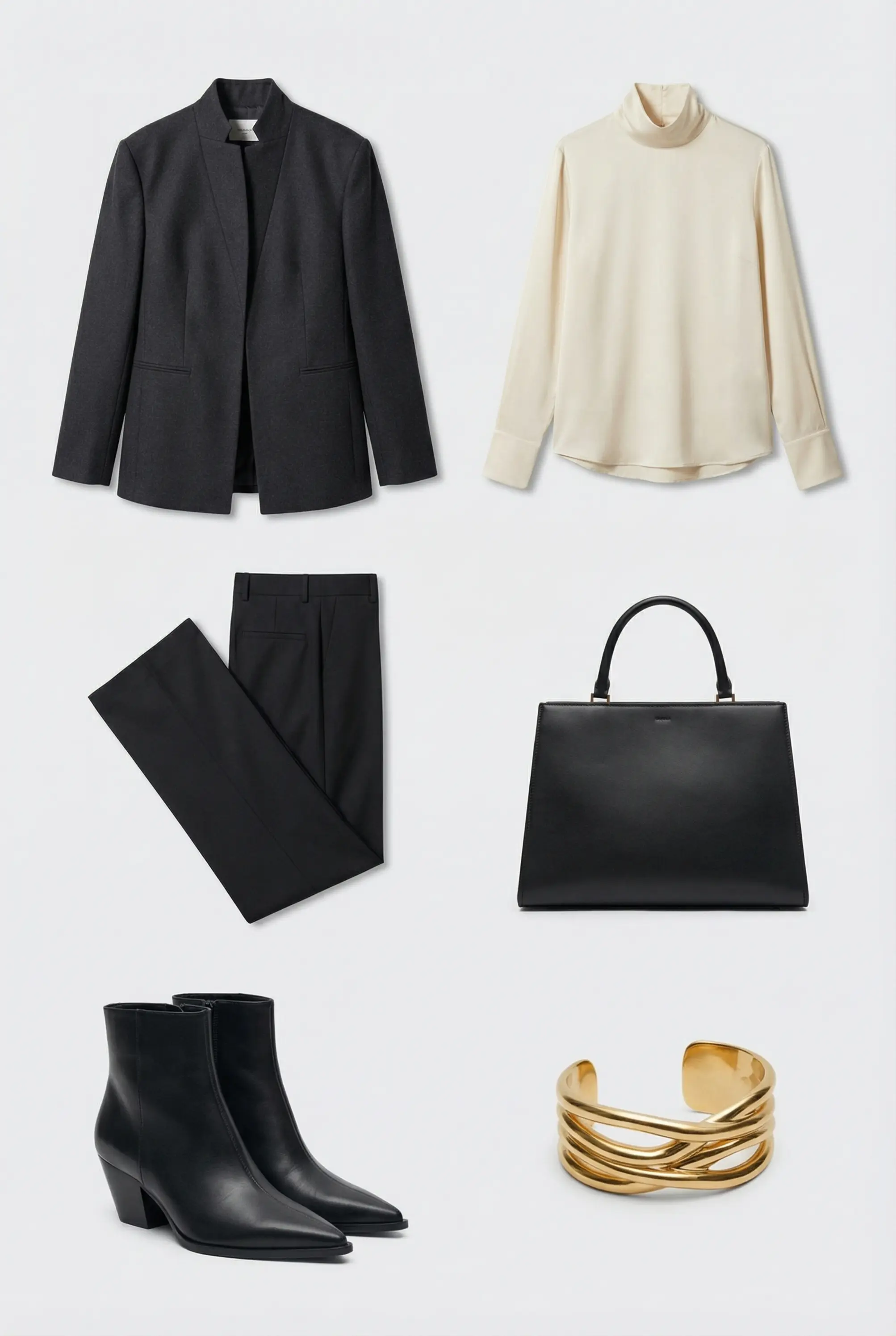 Outfit grid of jacket, blouse, trousers, boots, bag and gold cuff on a clean background.