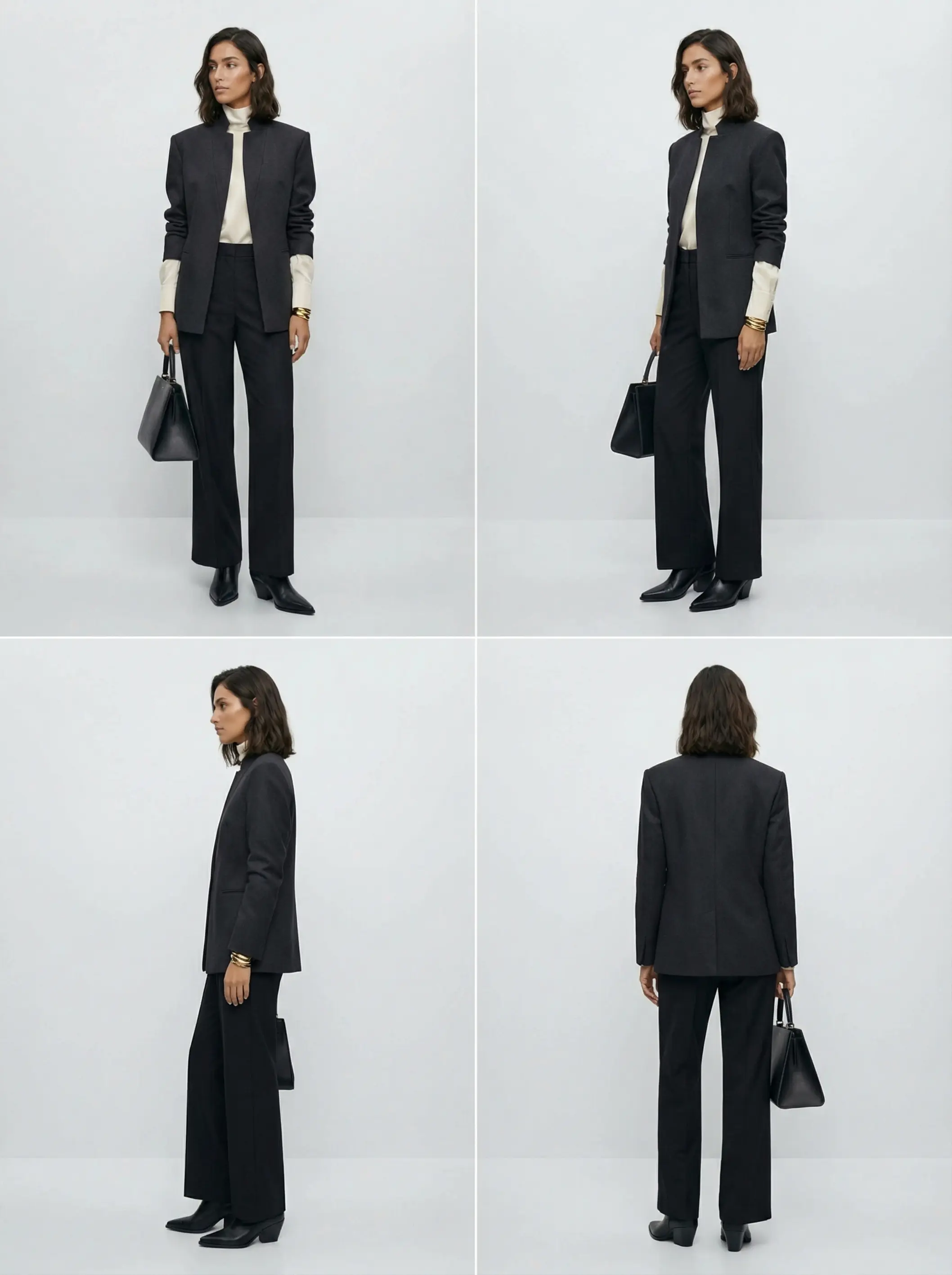2x2 contact-sheet of front, 3/4, side and back views of the high-collar sculpted jacket outfit.
