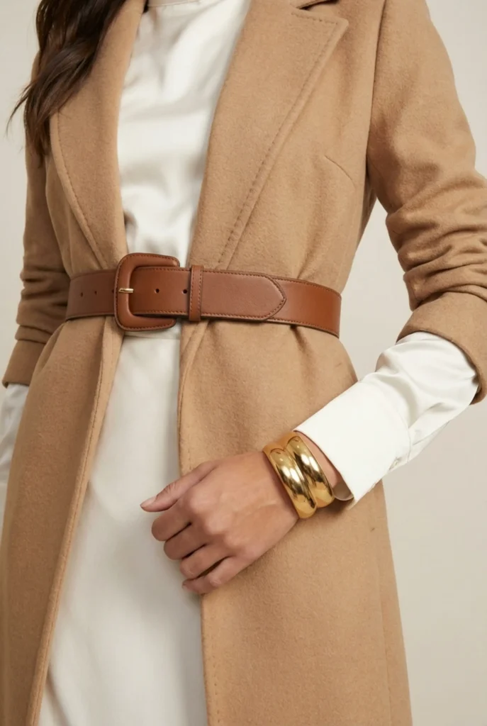 Close-up of chunky leather belt buckle on sculpted wool coat with gold cuff and satin sheen.