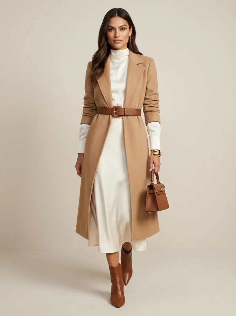 Full-body portrait of woman in camel sculpted belted coat, satin midi and pointed boots, minimal studio backdrop.