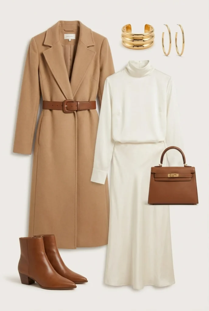Vertical outfit grid: satin blouse, satin midi, sculpted belted wool coat, boots, bag and gold cuff on neutral background.