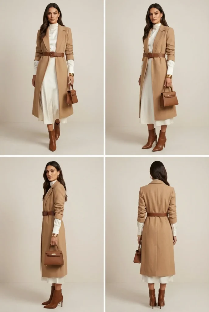 2x2 contact sheet: front, 3/4, side and back views of woman in sculpted belted wool coat outfit.