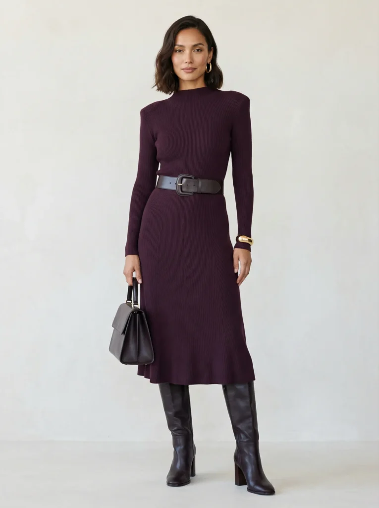 Woman in a sculpted-shoulder long-sleeve midi knit dress with wide leather belt and knee-high boots, studio background.