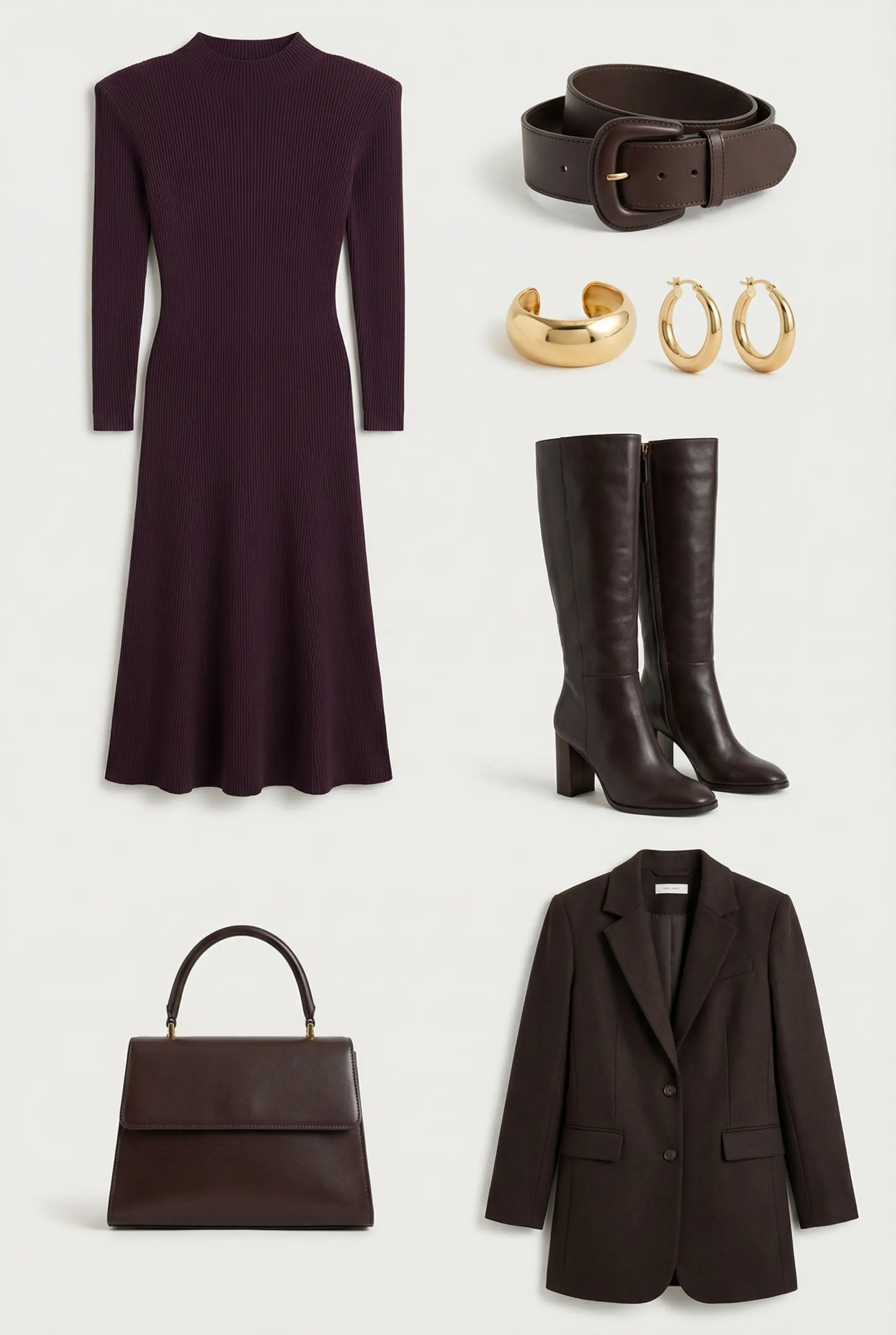 Outfit grid showing knit dress, wide belt, boots, blazer, structured bag and gold cuff on neutral background.