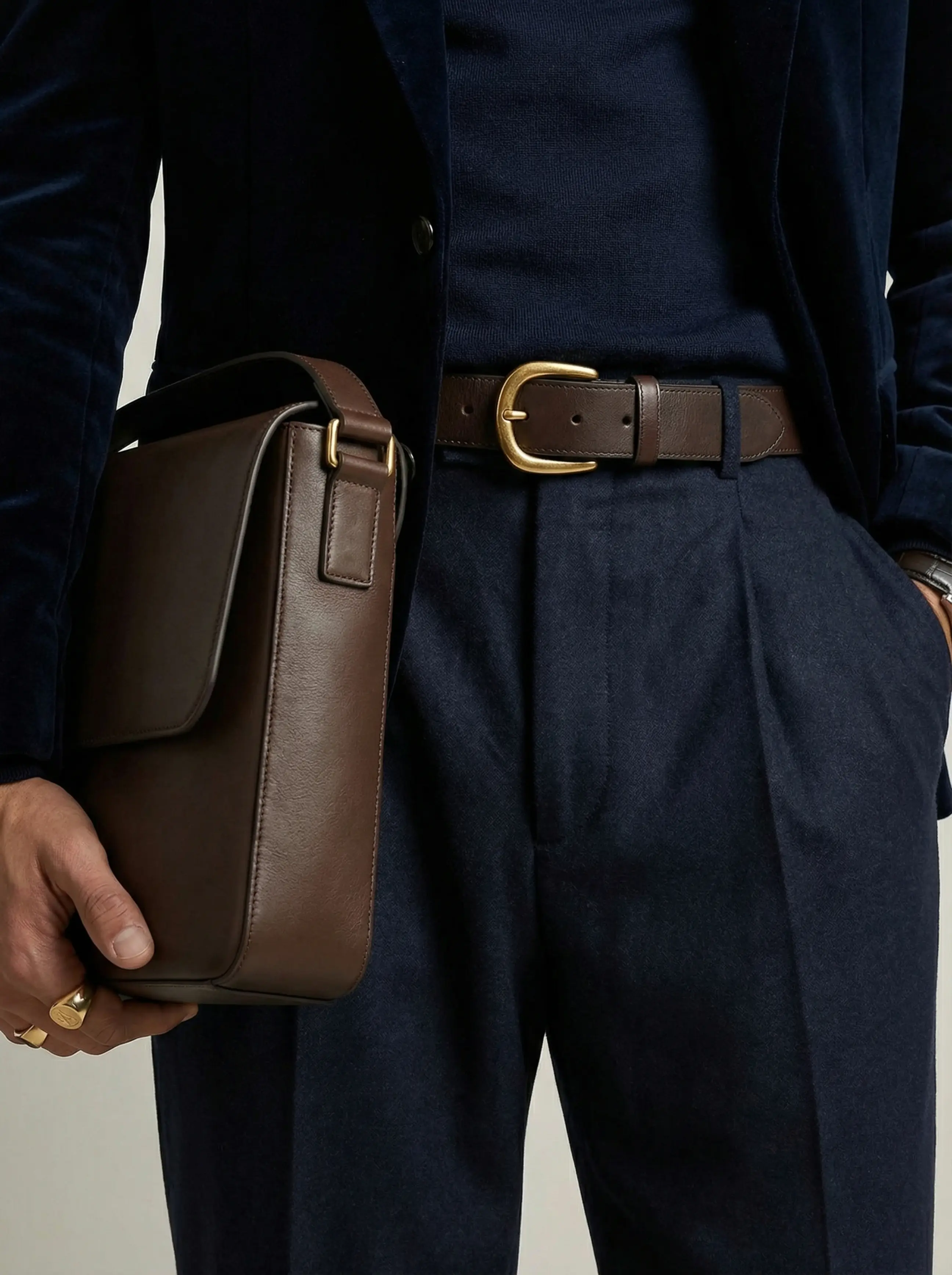 Close-up: gold belt buckle threaded through trouser loops, velvet lapel and leather grain