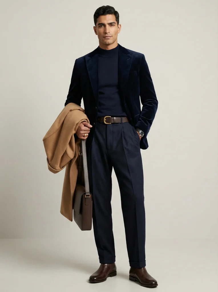 Full-body shot: man in sculpted-shoulder navy velvet blazer, mock-neck, pleated trousers, leather belt and Chelsea boots