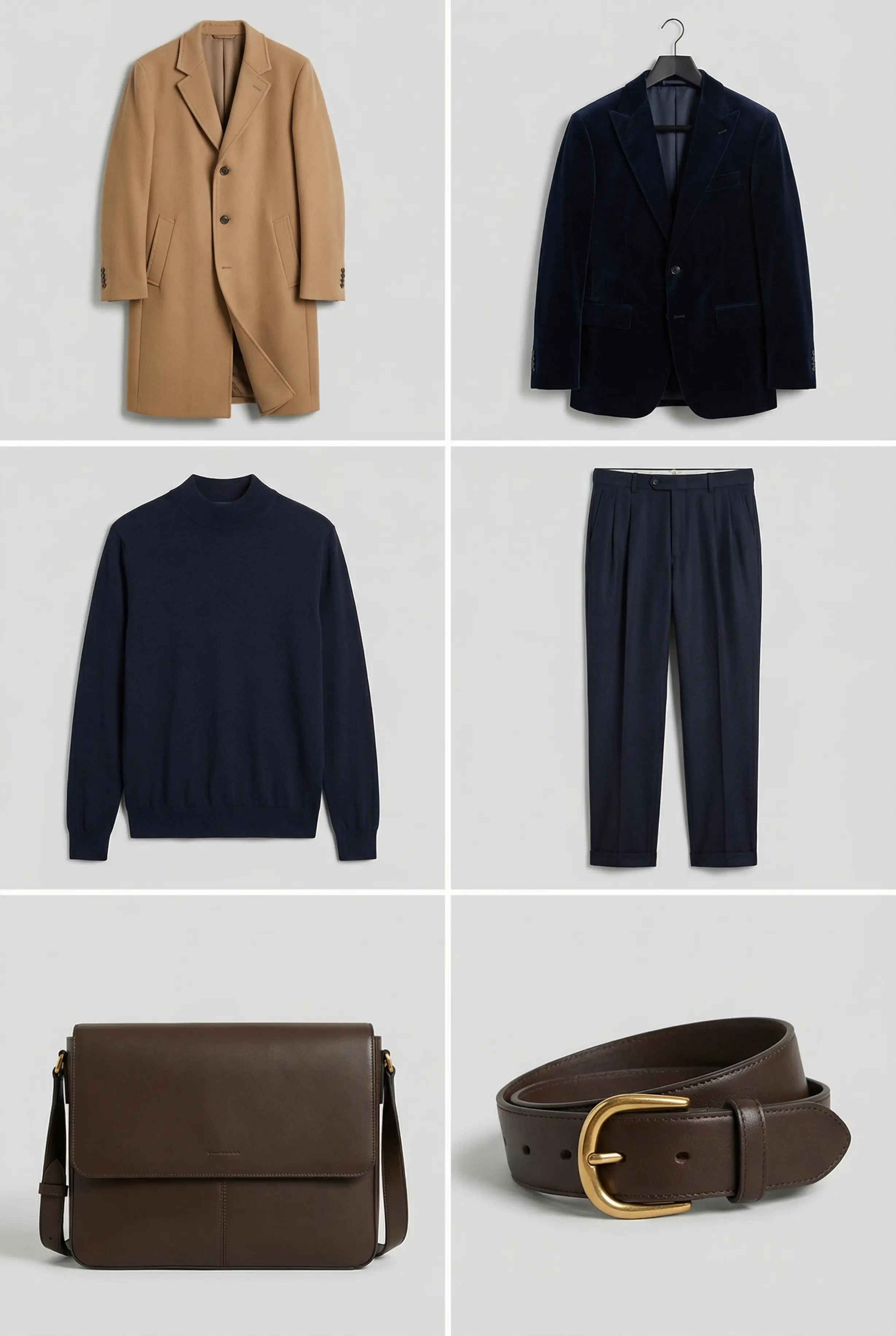 Outfit grid: velvet blazer, mock-neck, pleated trousers, boots, overcoat, belt and bag