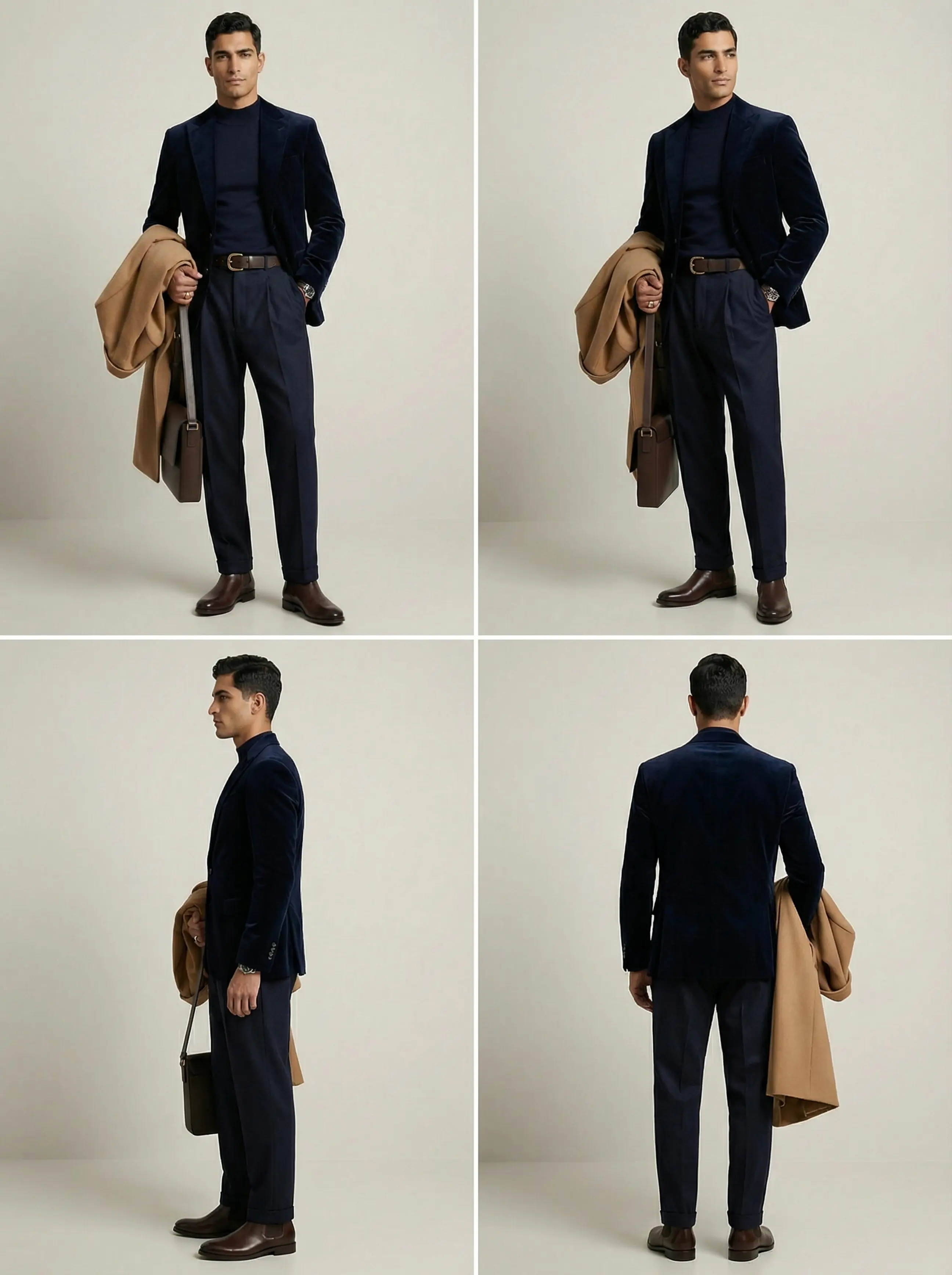 Four-panel contact sheet showing front, three-quarter, side, and back views of the velvet blazer outfit