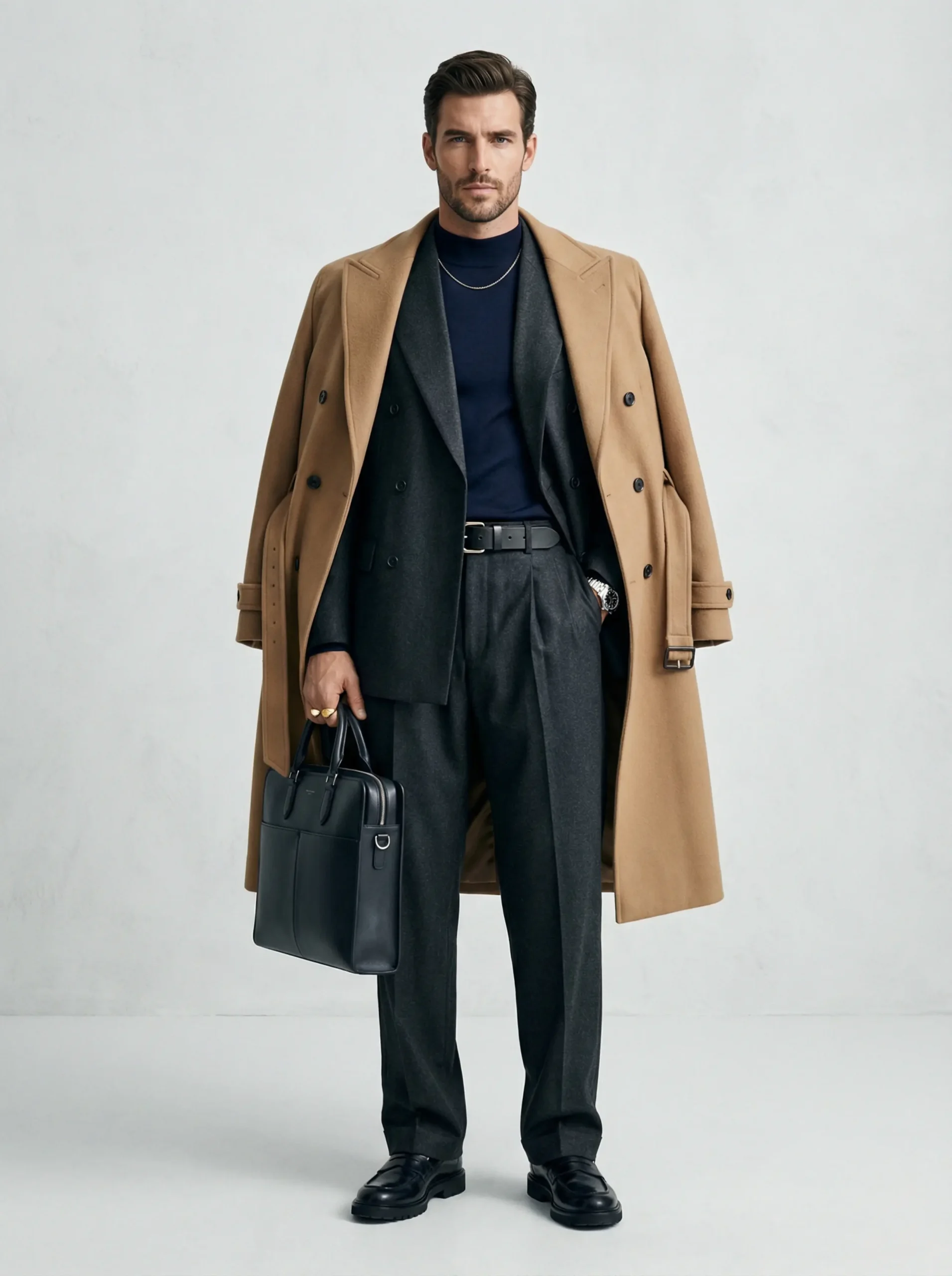 Man in a baggy double-breasted suit, mock-neck, chunky belt through loops and polished loafers on a neutral background.