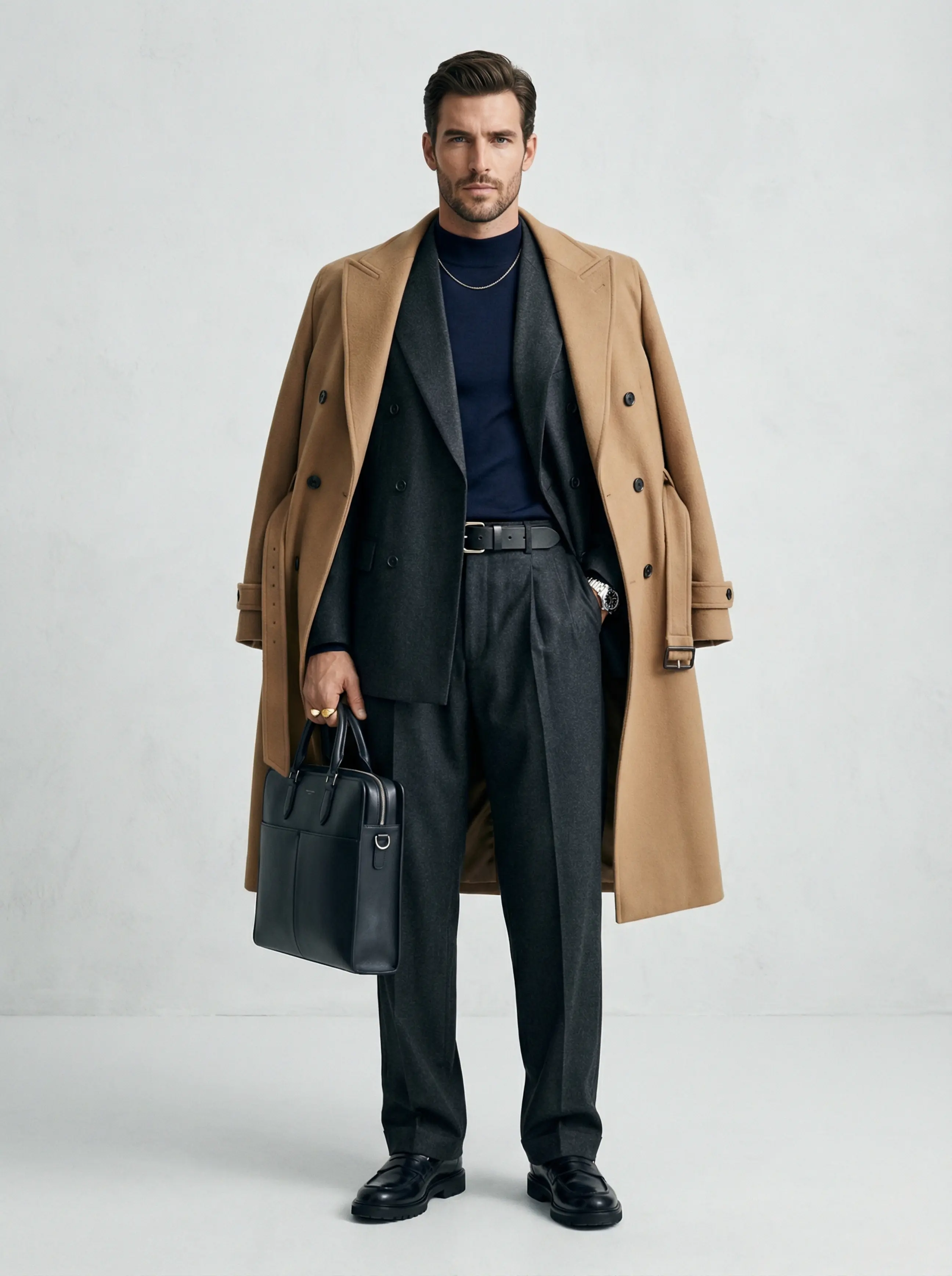 Man in a baggy double-breasted suit, mock-neck, chunky belt through loops and polished loafers on a neutral background.