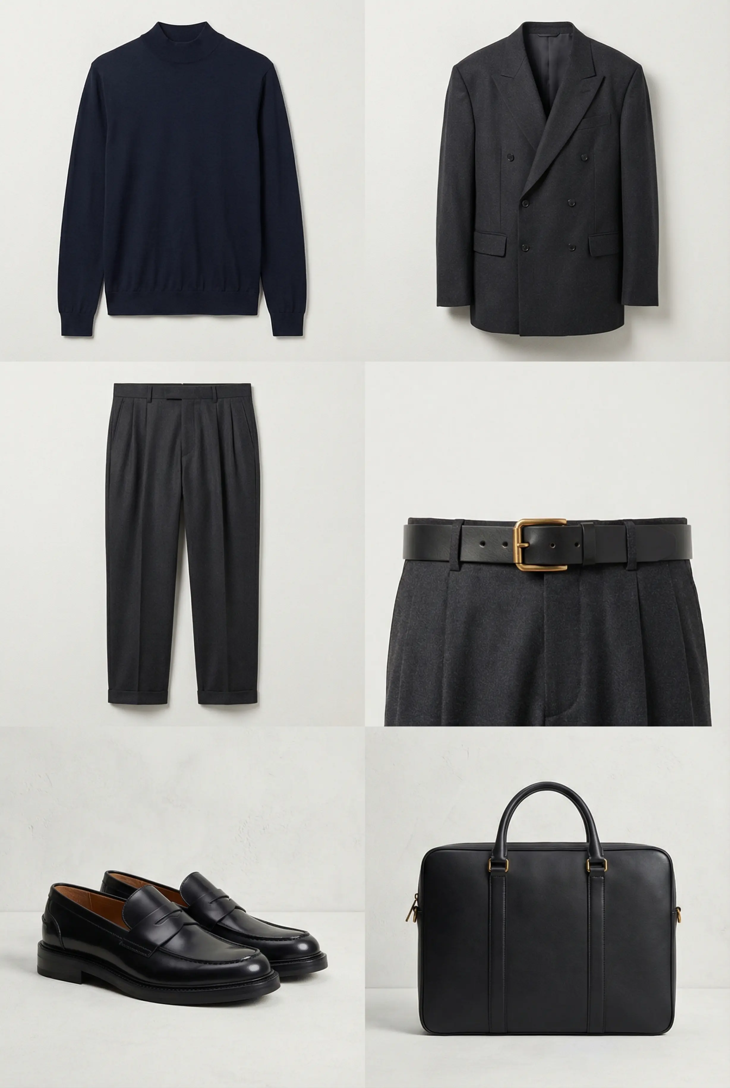 Vertical outfit grid showing mock-neck, double-breasted jacket, trousers, loafers, belt and structured briefcase.