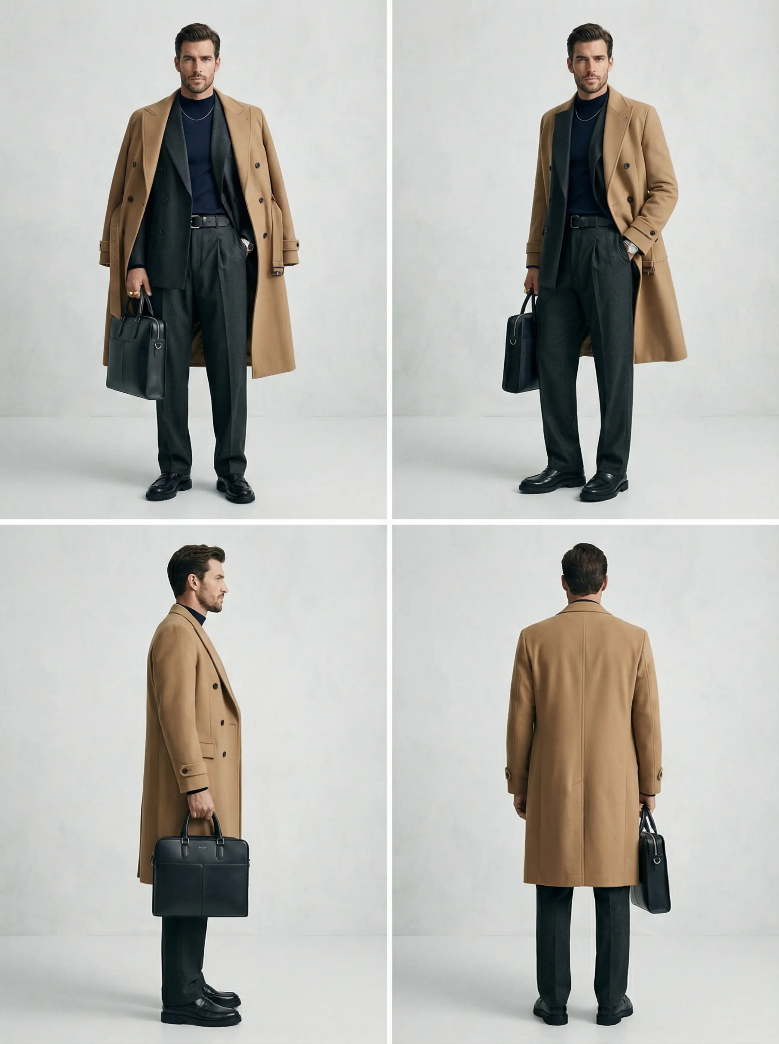 Four-panel contact sheet: front, three-quarter, side and back views of the baggy double-breasted suit outfit.