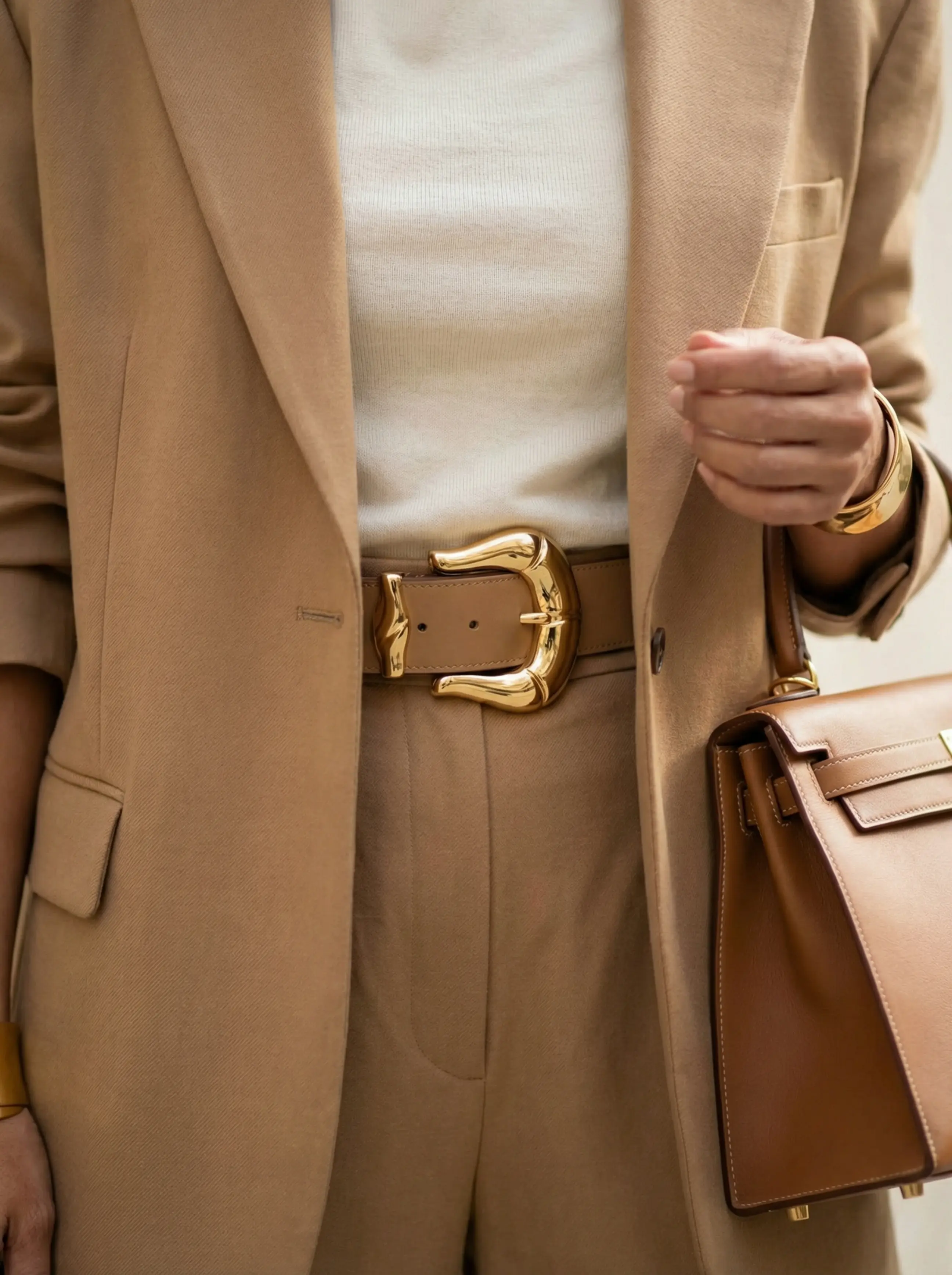 Macro detail of chunky gold belt buckle, textured blazer lapel and silk-knit high neckline.