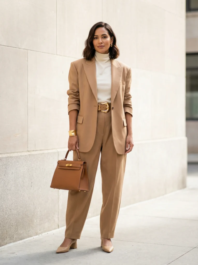 Woman in camel oversized baggy suit with chunky gold-buckled belt, high-neck top and structured bag, full-body on neutral city wall.