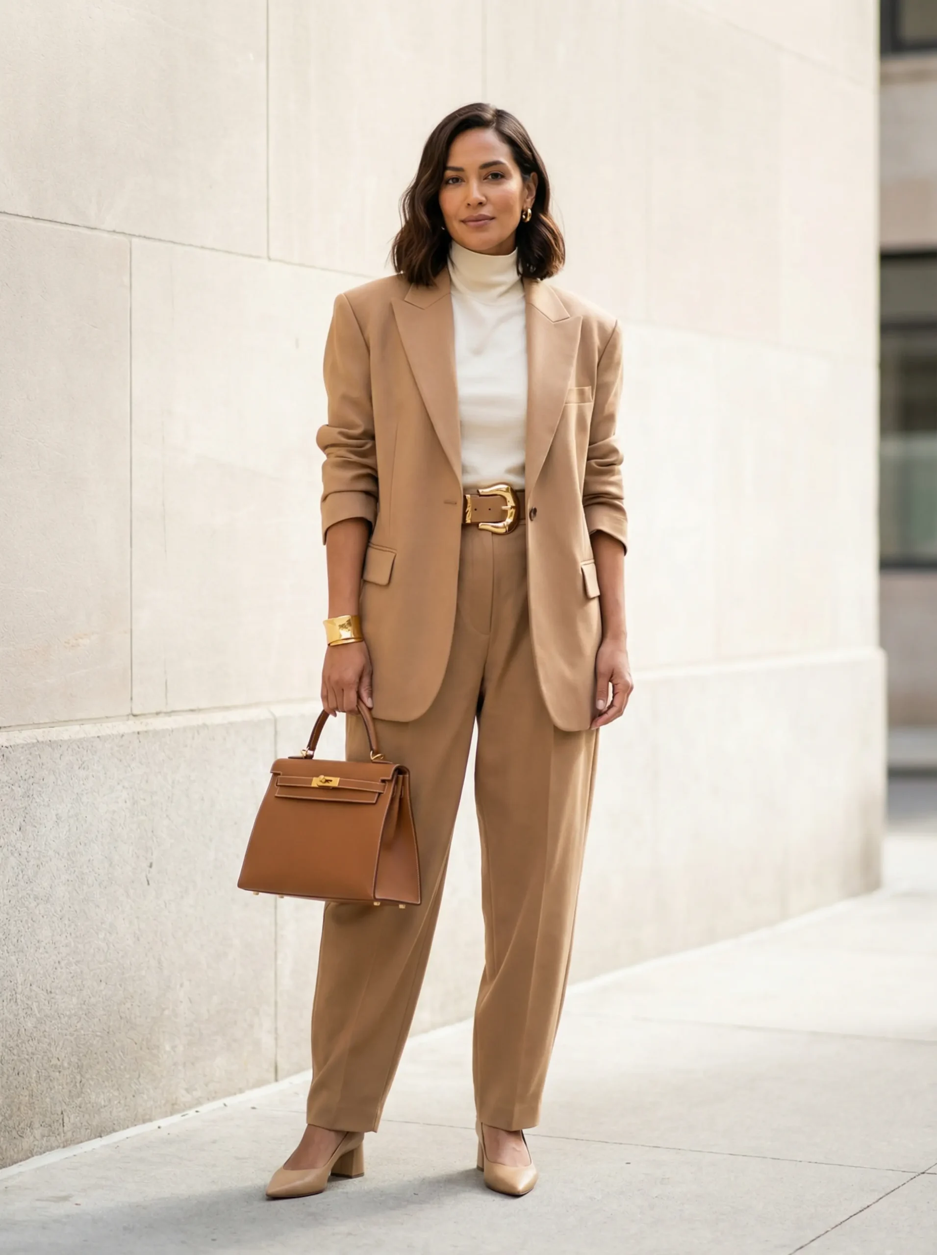 Woman in camel oversized baggy suit with chunky gold-buckled belt, high-neck top and structured bag, full-body on neutral city wall.