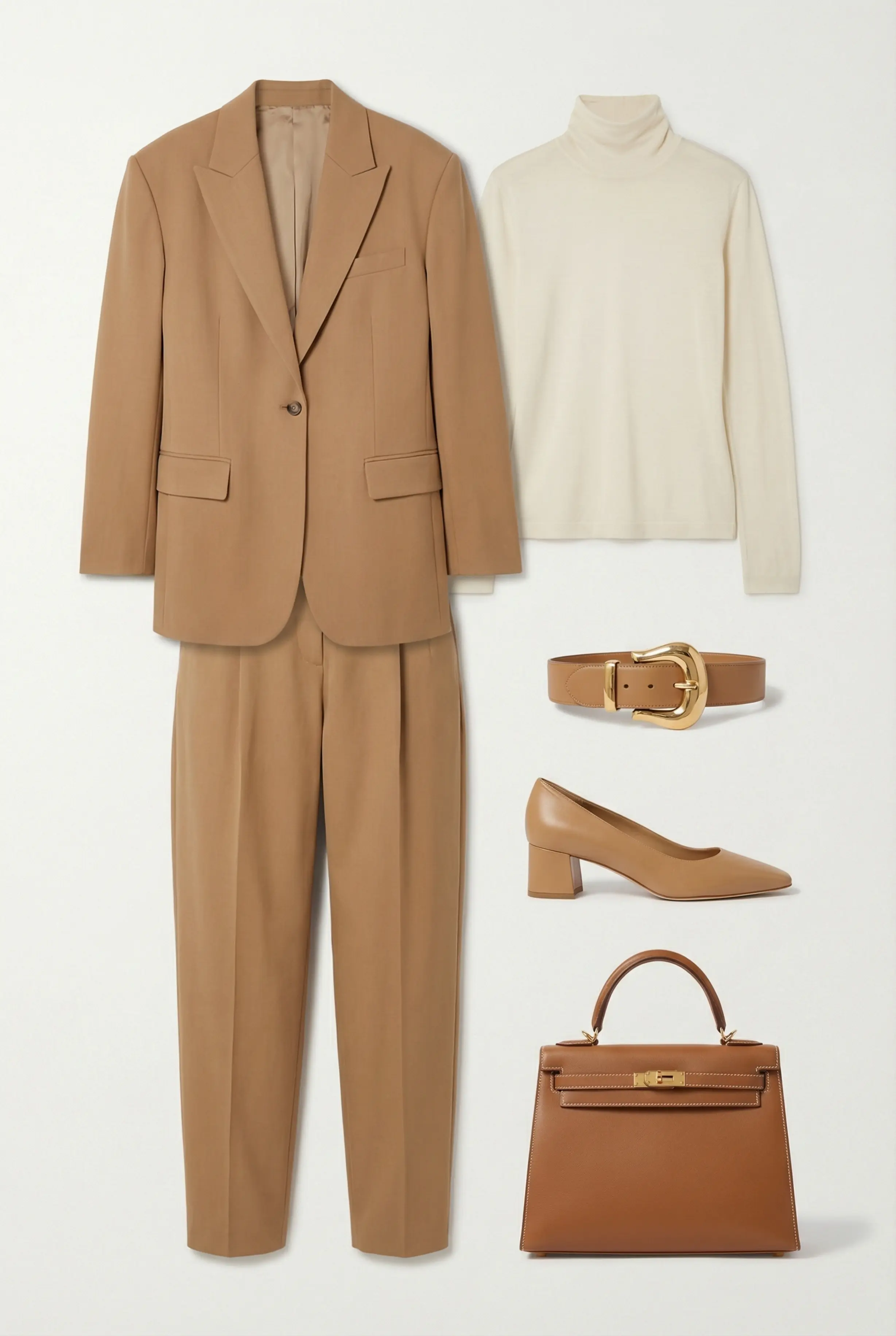 2:3 outfit grid of blazer, high-neck top, trousers, chunky belt, heels and structured bag on a clean background.