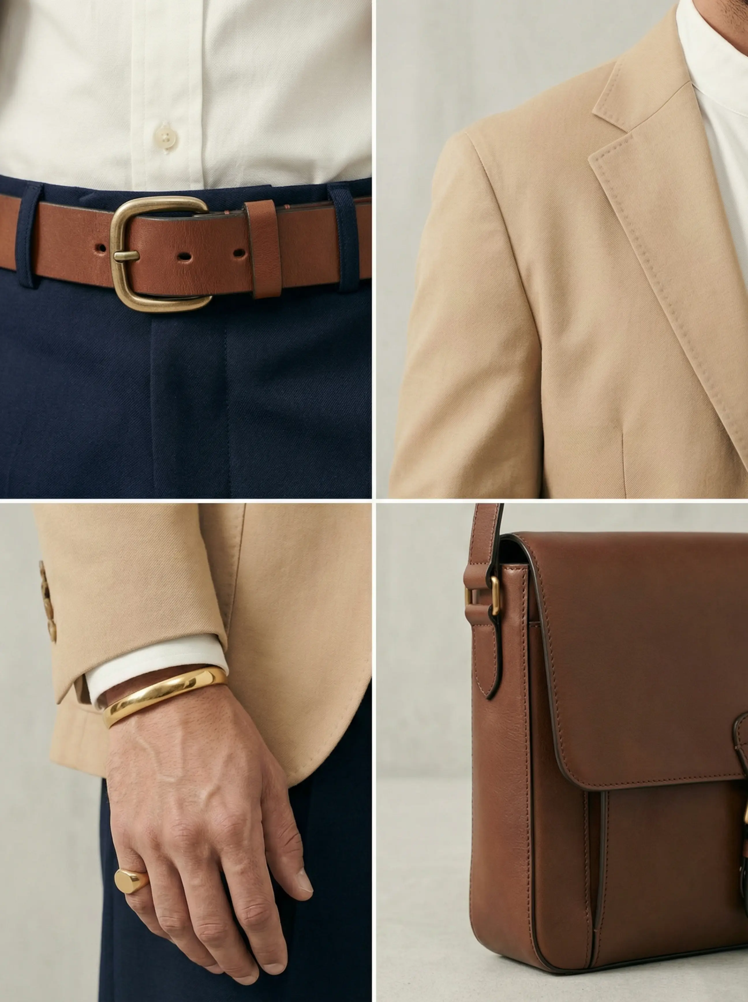 Close-up of chunky belt buckle, tailored lapel and gold cuff detail