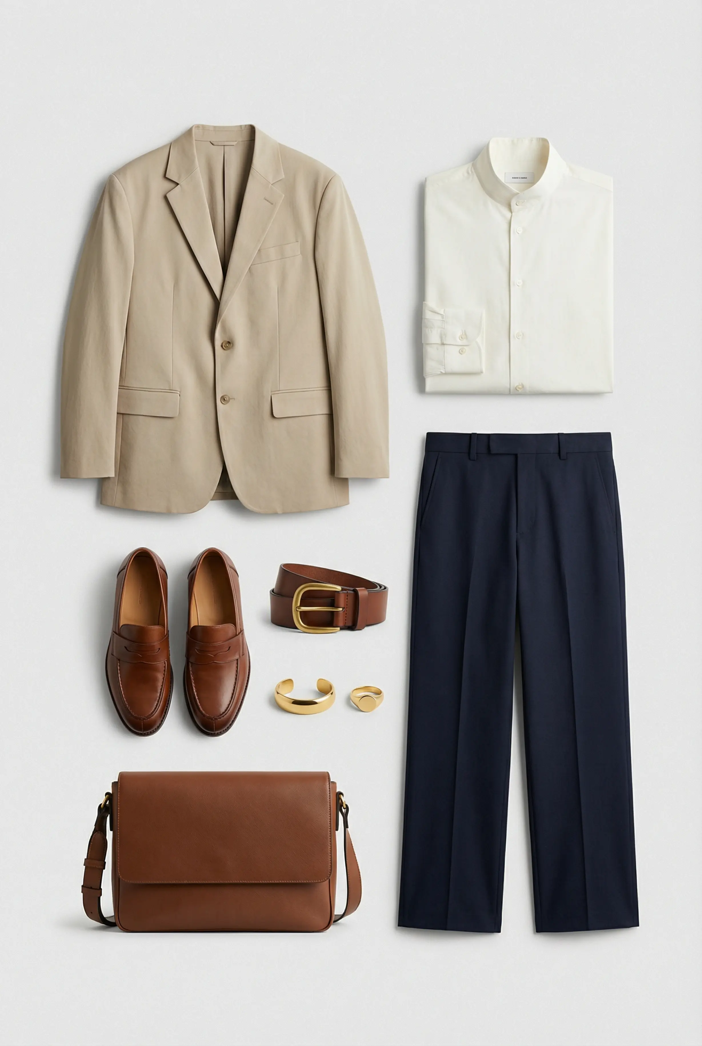 Grid: blazer, shirt, trousers, loafers, chunky belt, leather messenger