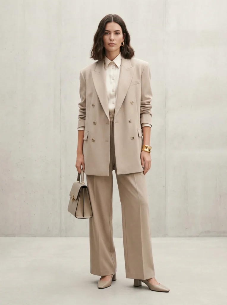 Woman in a camel baggy tailored suit, high-collar blouse and gold cuff, standing against a clean neutral wall