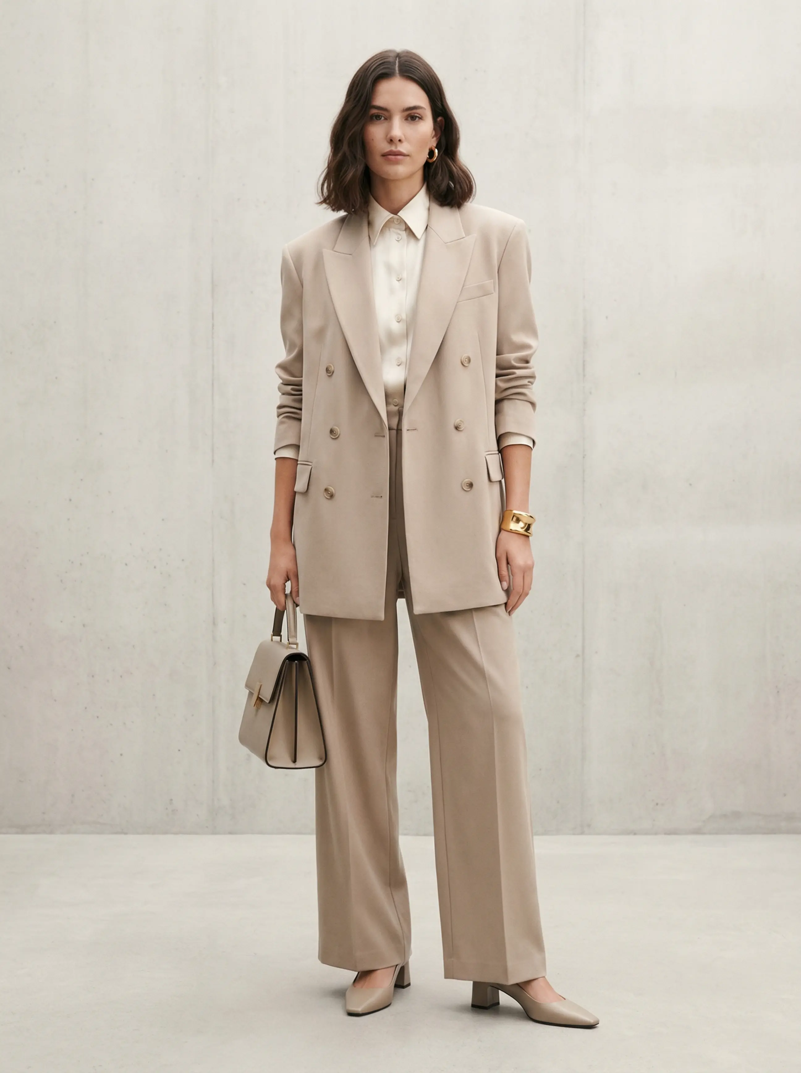 Woman in a camel baggy tailored suit, high-collar blouse and gold cuff, standing against a clean neutral wall