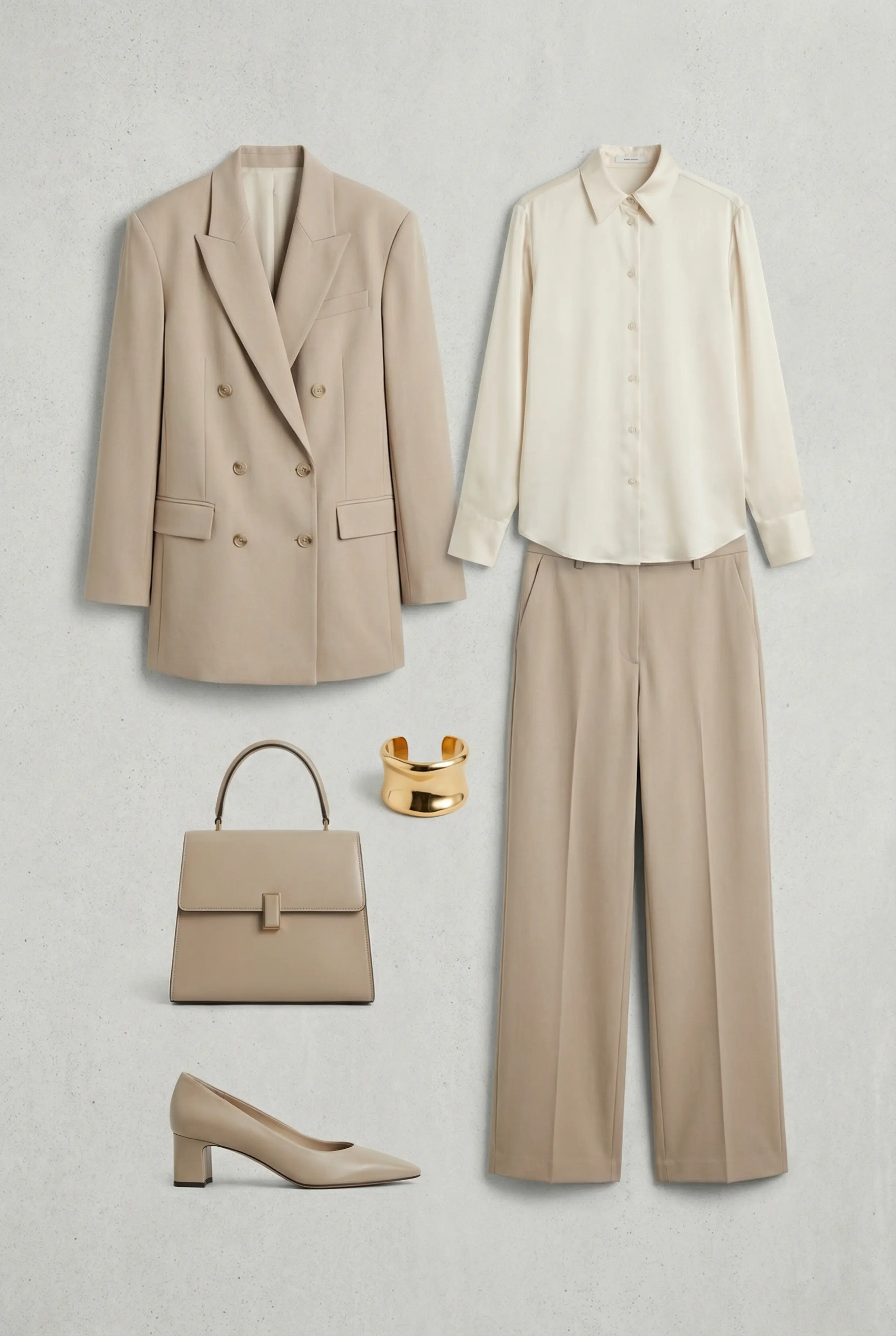 Outfit grid of blazer, high-collar blouse, wide-leg trousers, heels, bag and gold cuff on a clean background