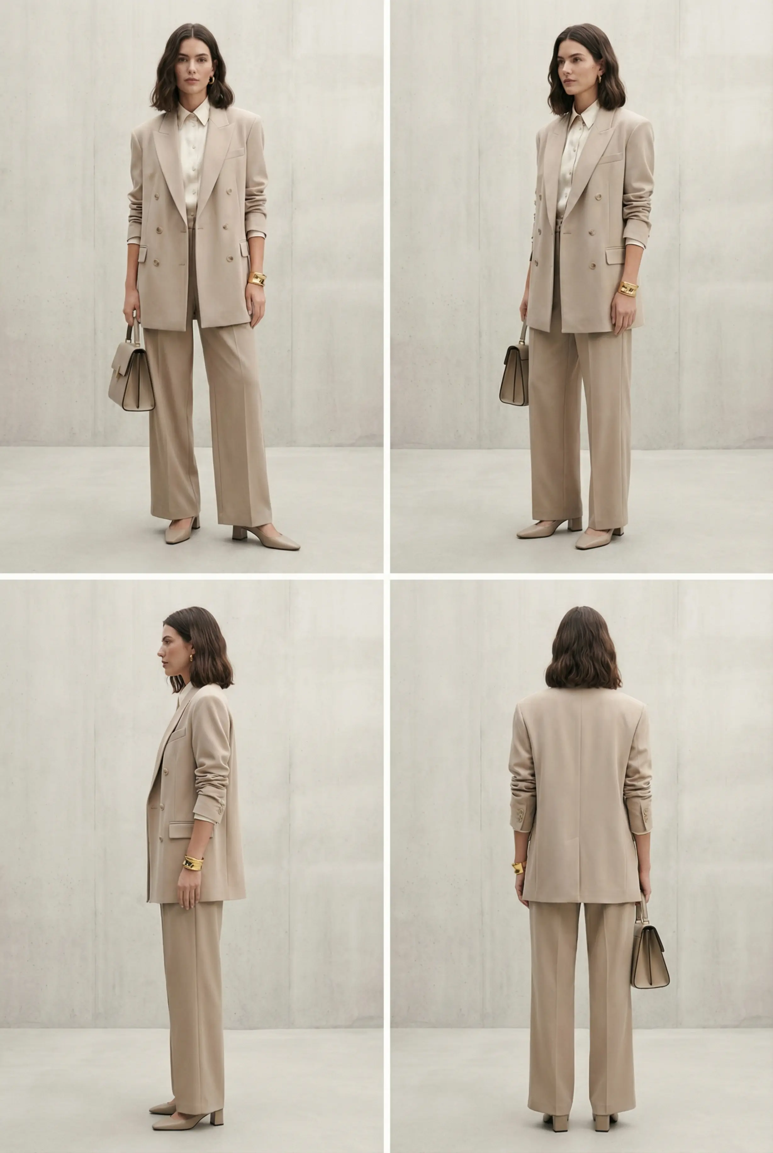 Contact sheet of four full-body views of a woman in a baggy tailored suit with gold cuff