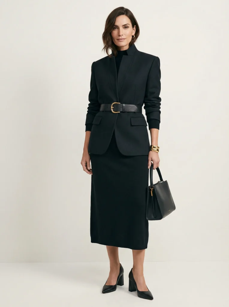 Full-body shot: model in belted high-collar jacket over a long-sleeve knit midi, gold cuff and structured bag visible.