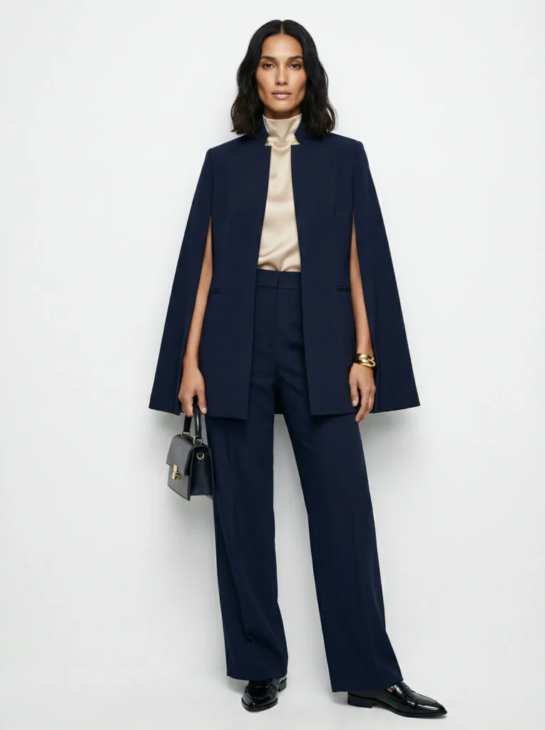 Full-body shot of model in high-collar cape blazer, high-neck blouse, and wide-leg trousers with gold cuff and structured bag.