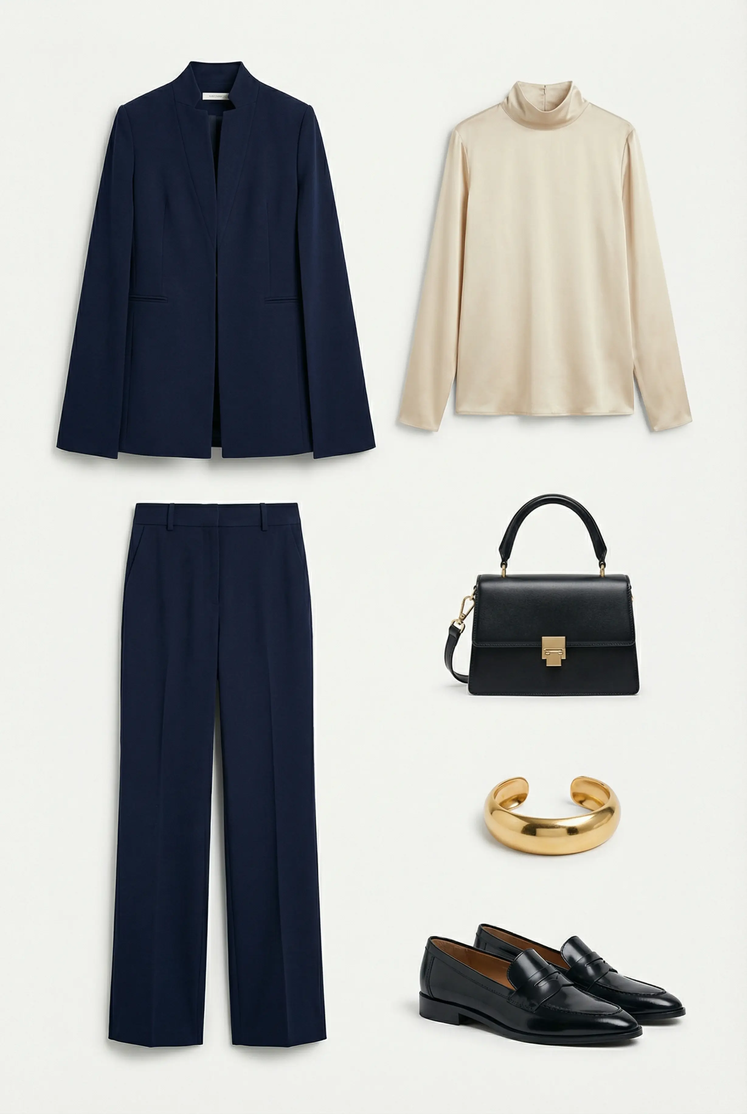 Vertical outfit grid showing cape blazer, blouse, trousers, shoes, bag, and gold cuff on a clean background.