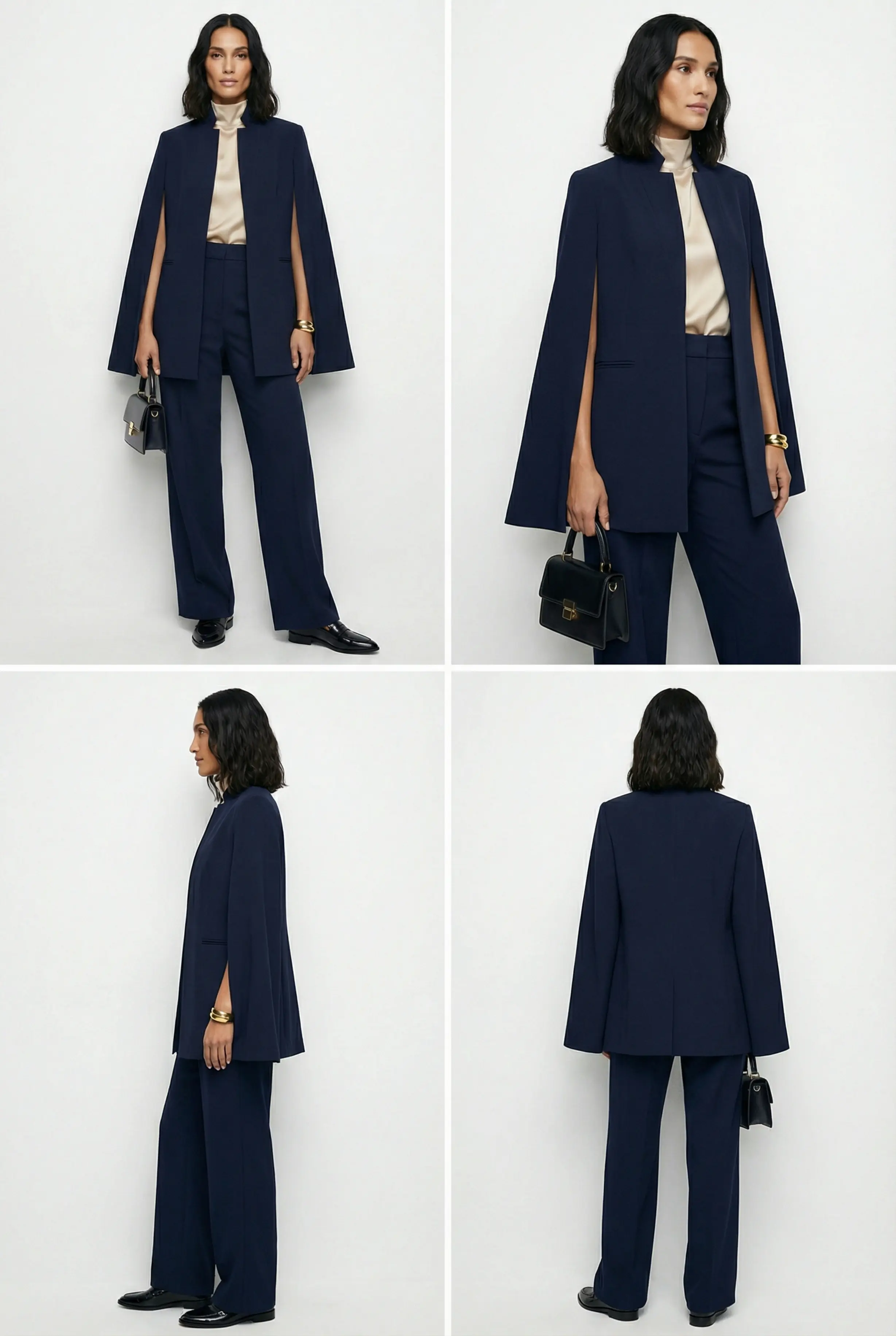 Contact sheet of model in cape blazer outfit: front, 3/4, side, and back full-body shots.