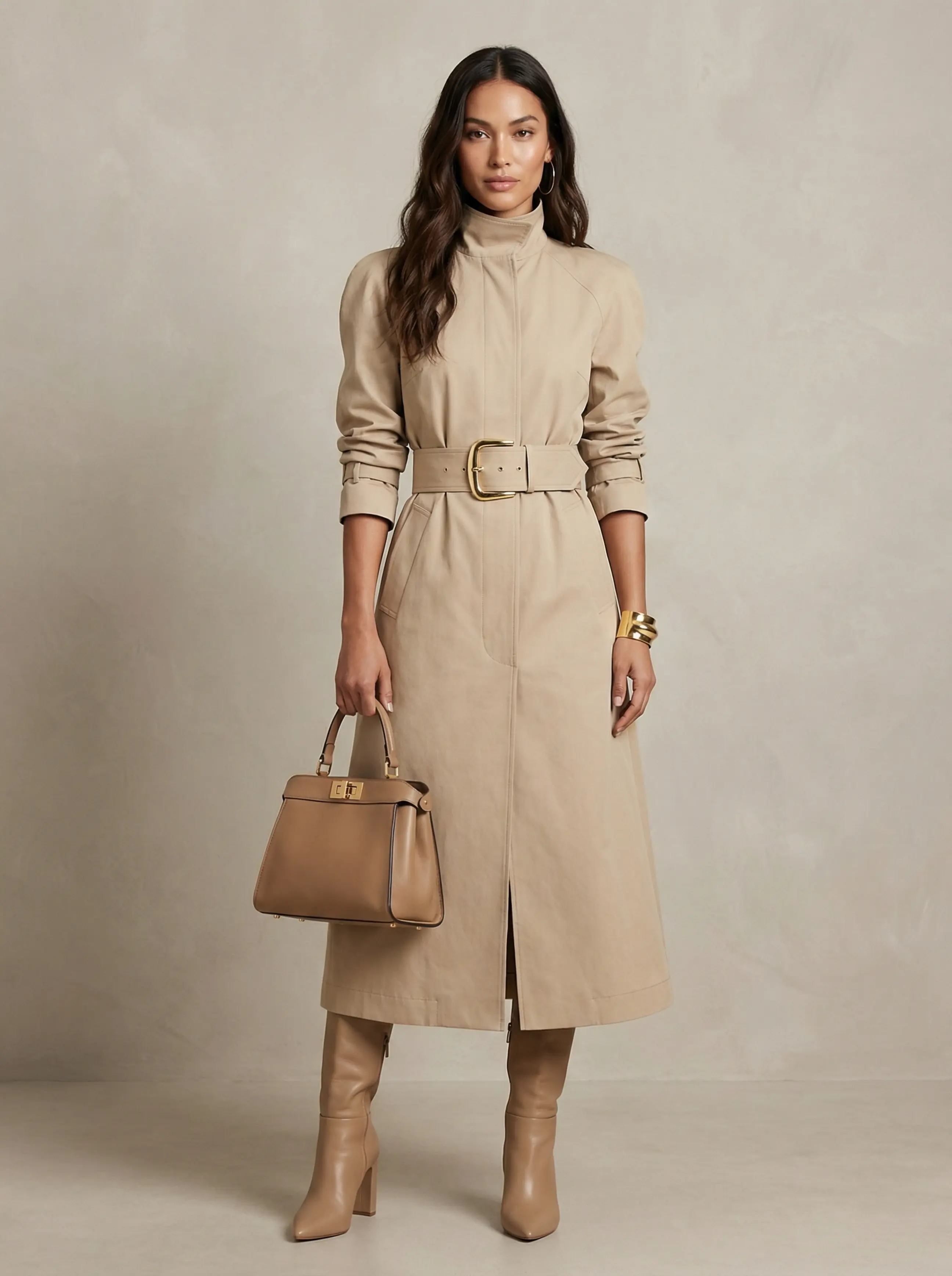 Full-body shot of a woman in a high-collar belted trench dress with sculpted shoulders and gold cuff, studio background.