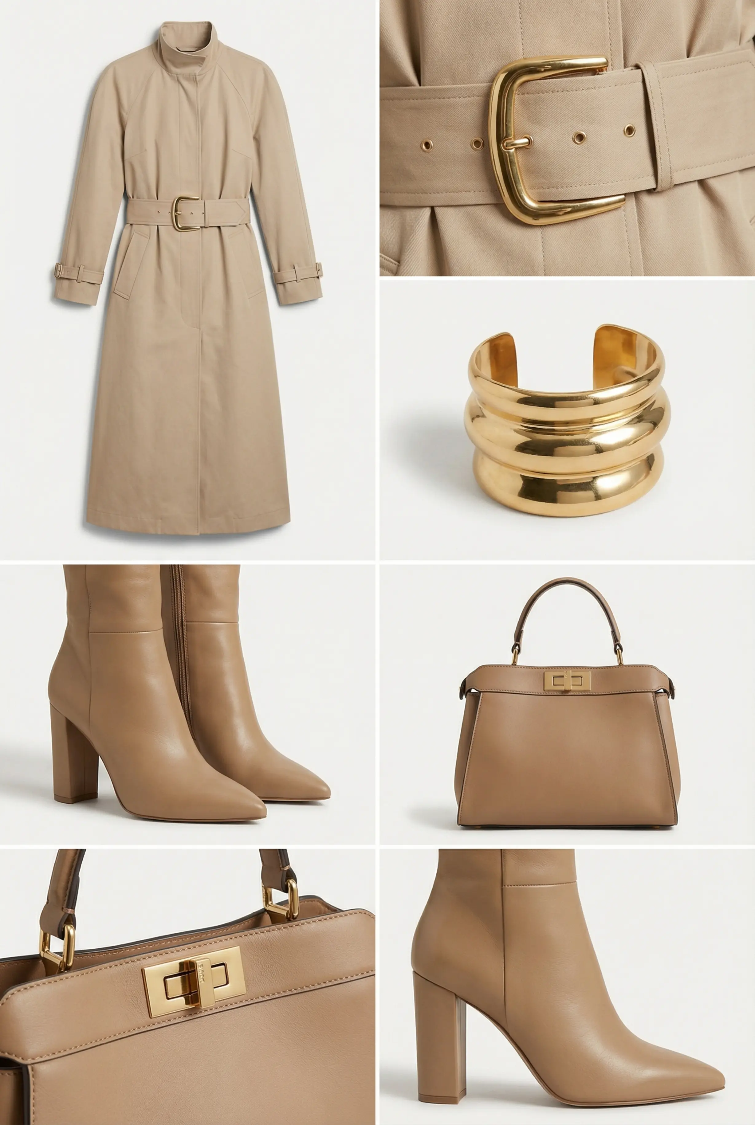 Outfit grid showing high-collar trench dress, statement belt, gold cuff, heels, and structured bag on a clean background.